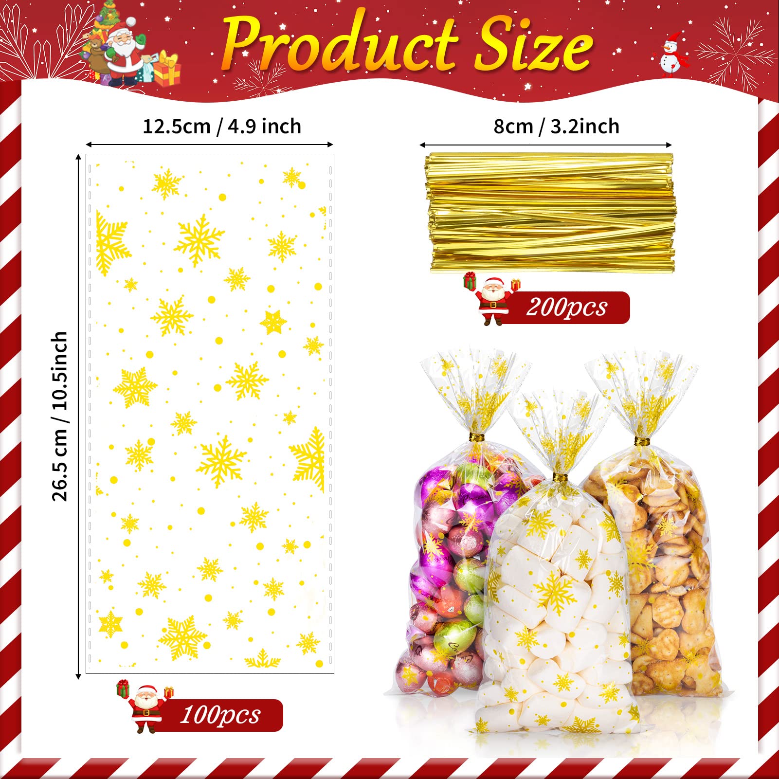 Kiiwah 50 Stück Weihnachts-Plätzchentüten (27x13 Cm) – Durchsichtige Cellophantüten Mit Twist-Krawatten Für Süßigkeiten