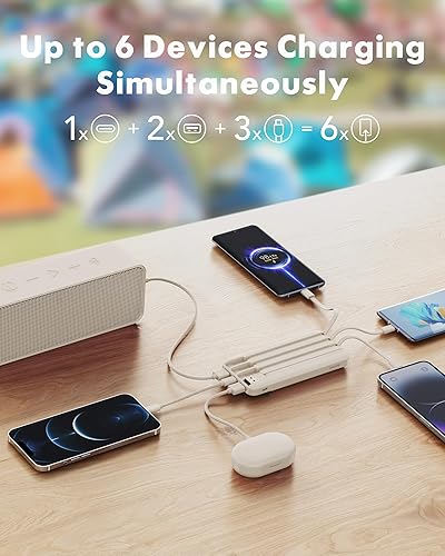 Miniatura 3 de charmast Cargador portátil con cables incorporados, banco de energía con cables, batería delgada de viaje de 10000 mAh, 6 salidas 3 entradas 3 A