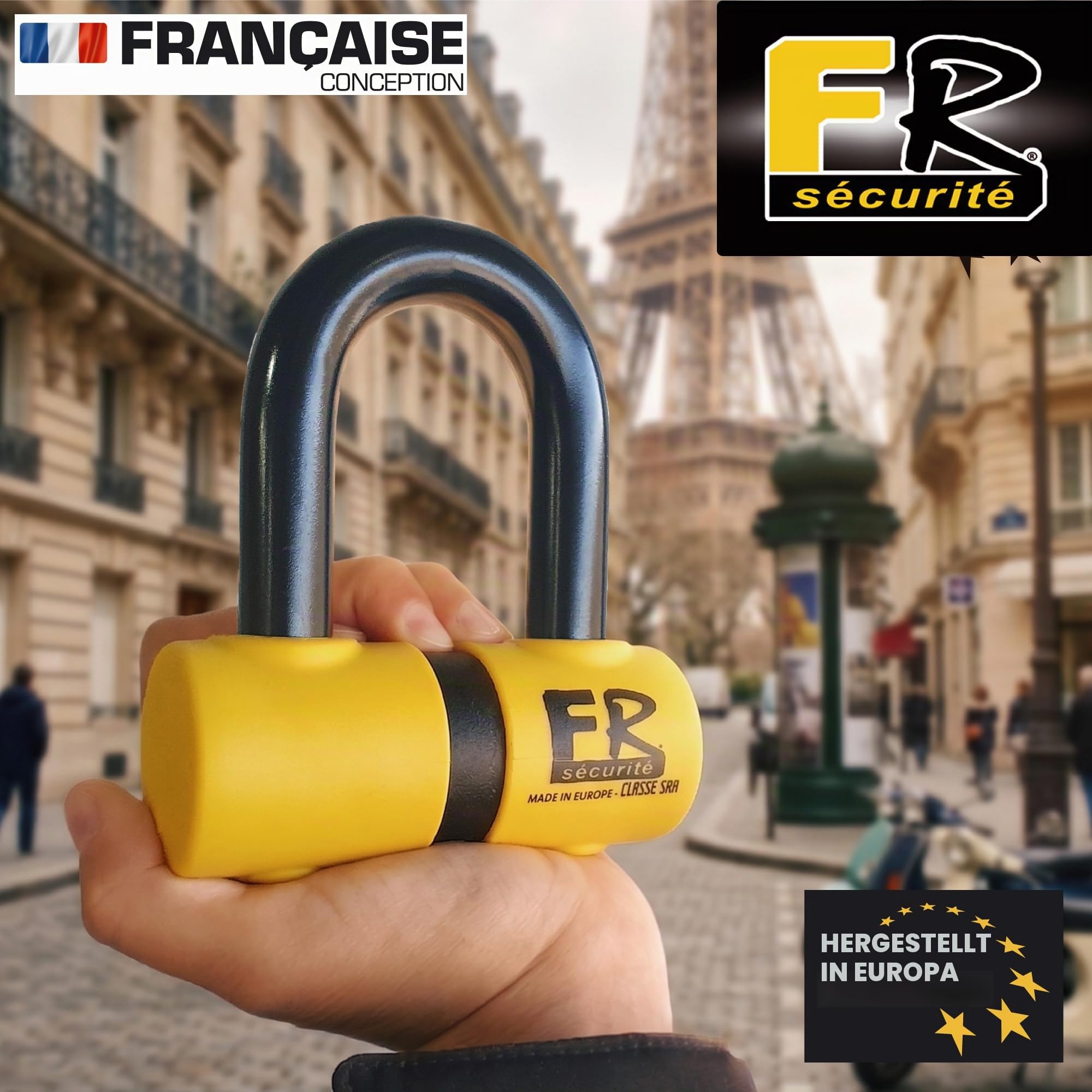 FR SECURITE FR50 Motorradschloss Diebstahlsicherung Mini U Bremsscheibenschloss Homologiert Classe SRA Gehärteter Stahl Ø18 45 x 65 mm + Erinnerungskabel Sicherheit für Motorrad Scooter