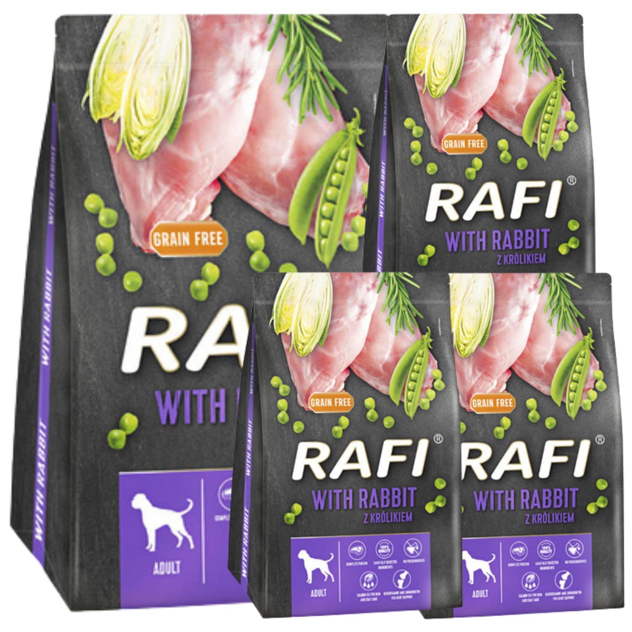 Rafi High-Protein Dry Dog Food โ Omega-3 & Omega-6 Fatty Acids for Shiny Coats & Strong Muscles, Ingredients for All Breeds & Life Stages (Rabbit, 4x3kg)