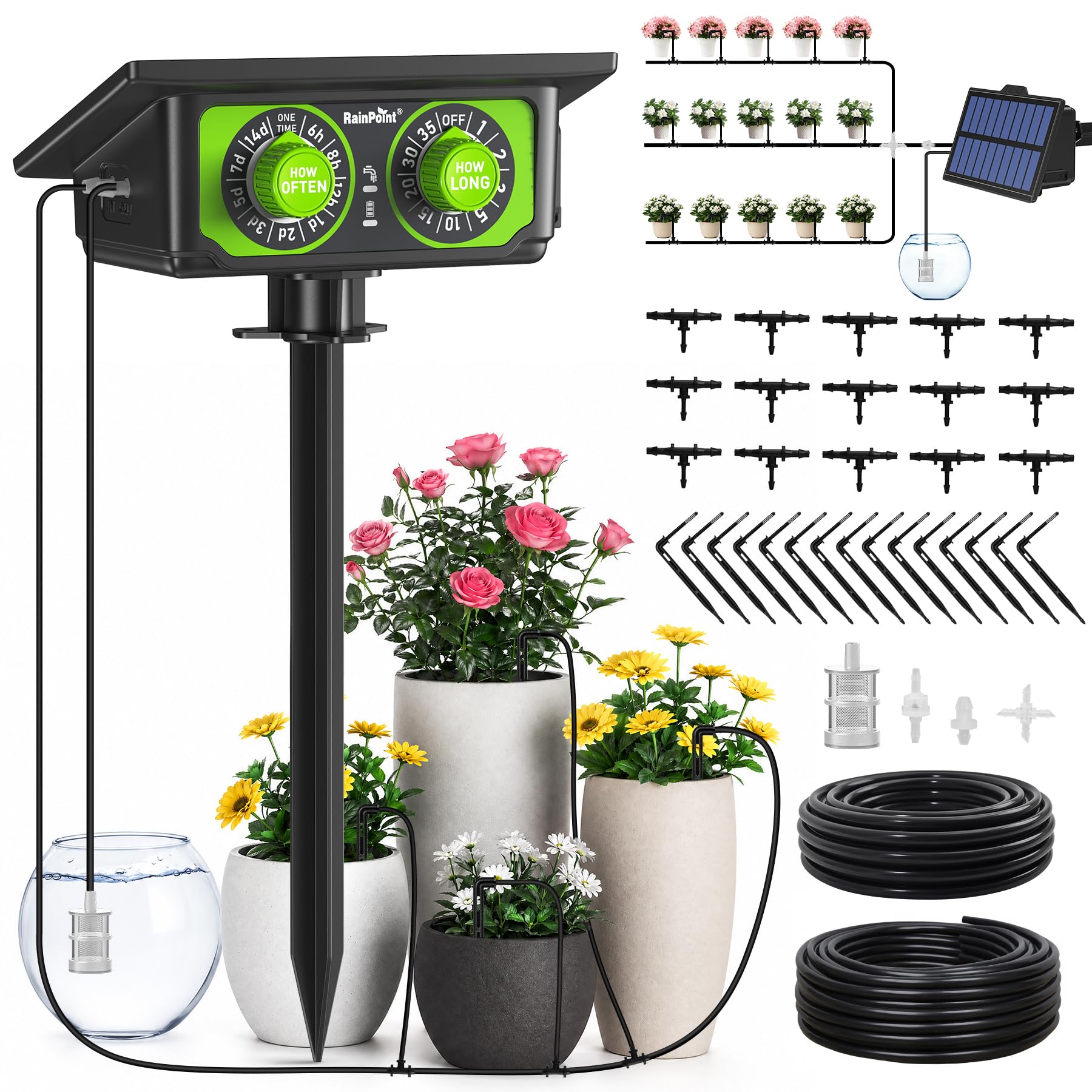 RAINPOINT Kit de Riego por Goteo Automático Solar, Nuevo Diseño de Manguera para Distribución Uniforme del Agua, Sistema de Riego por Goteo con 90 Modos de Temporizador + Manguera de 15M, Antisifón