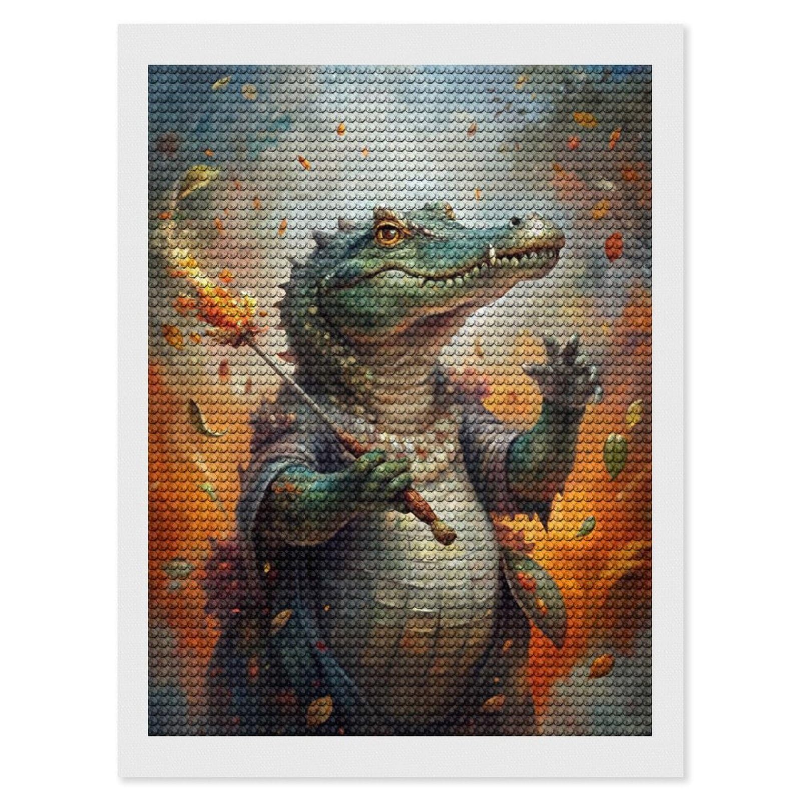Junmoney Alligator Wizard with Fire Staff Diamond Painting Set 12"x16", Stress Relief Craft, Easy to Enjoy, Vintage Style Decor, Festive Craft Gift