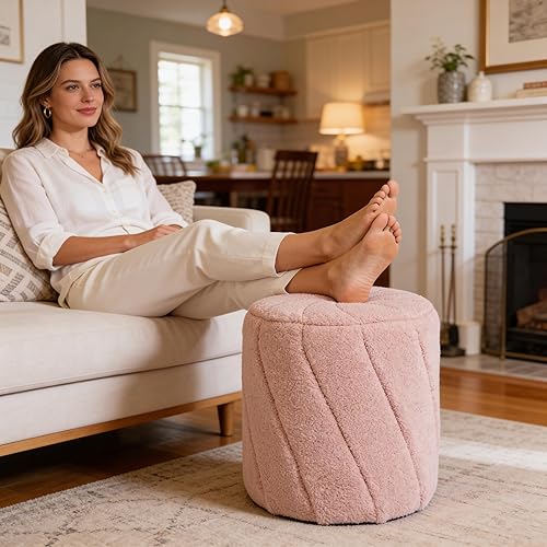 Miniatura 5 de Otomana redonda moderna, otomana con espiral, taburete tapizado de vellón de peluche para maquillaje, dormitorio, sala de estar, rosa Espiral