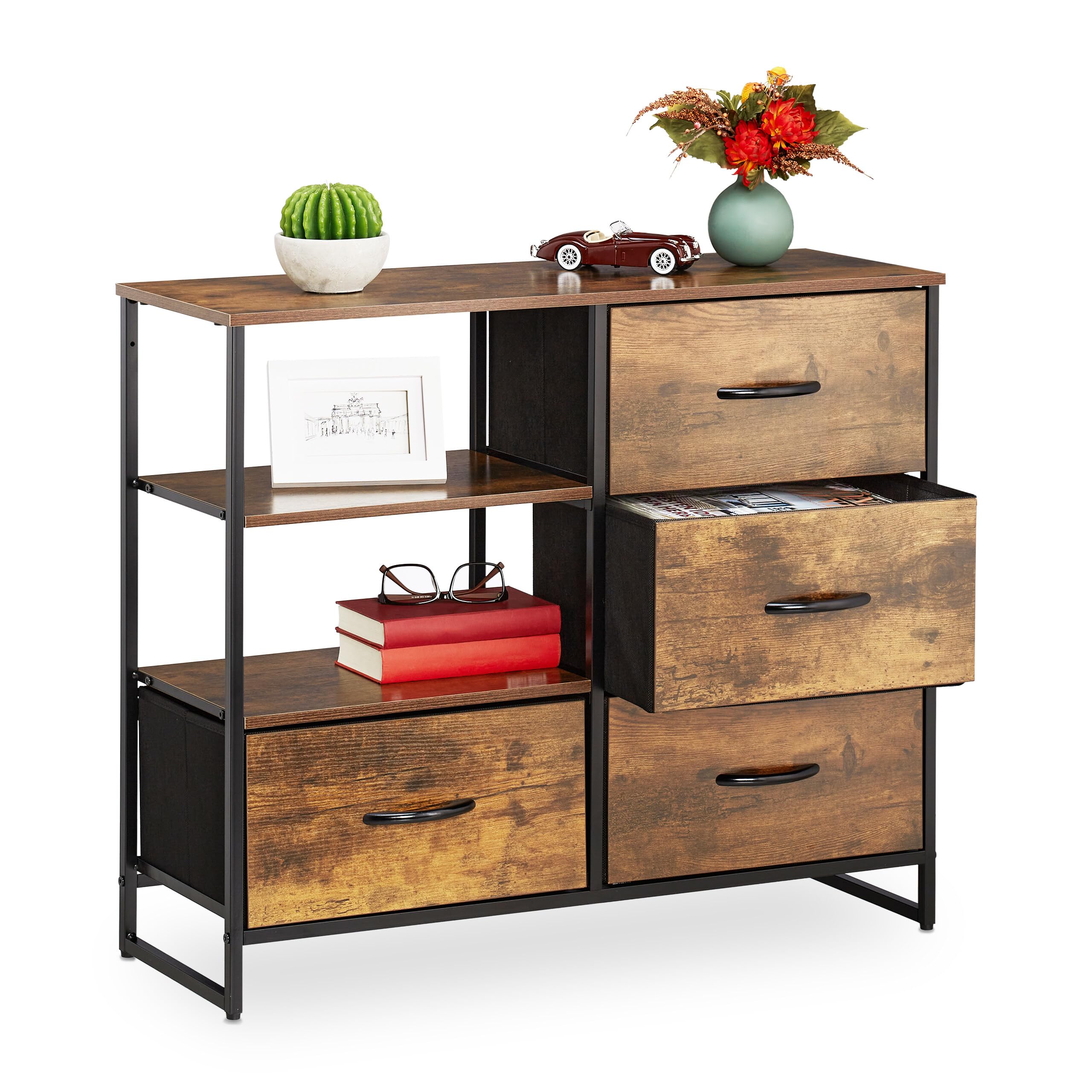 Relaxdays Commode de Style Industriel, HLP 71,5 x 84 x 32,5 cm, métal, Aspect Bois, avec 4 tiroirs, Buffet, Marron/Noir