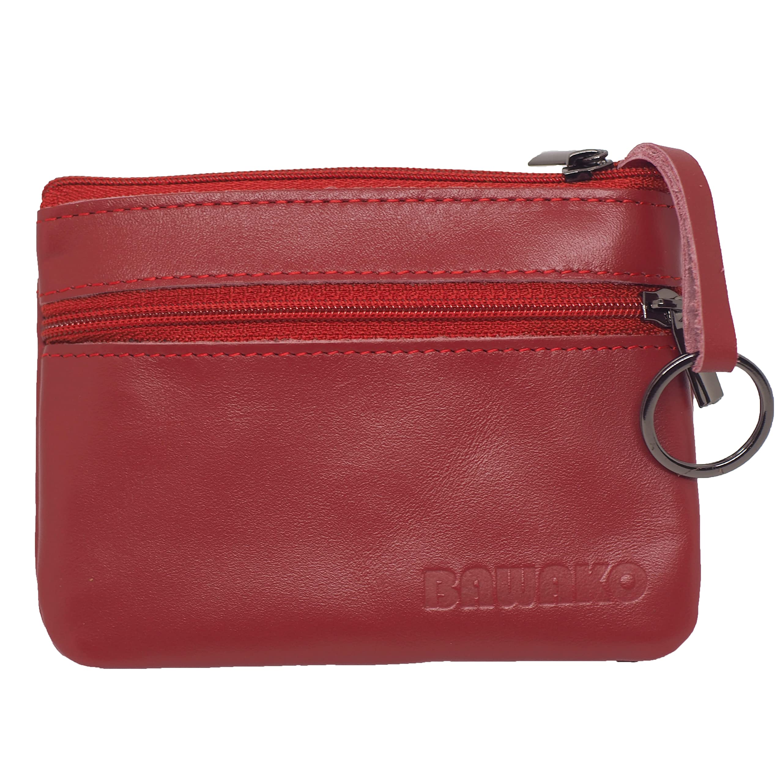 BAWAKO Portamonete in vera pelle, tre scomparti, chiusura con cerniera, adatto per carte e monete, con portachiavi mini portafoglio, universale(Rosso)