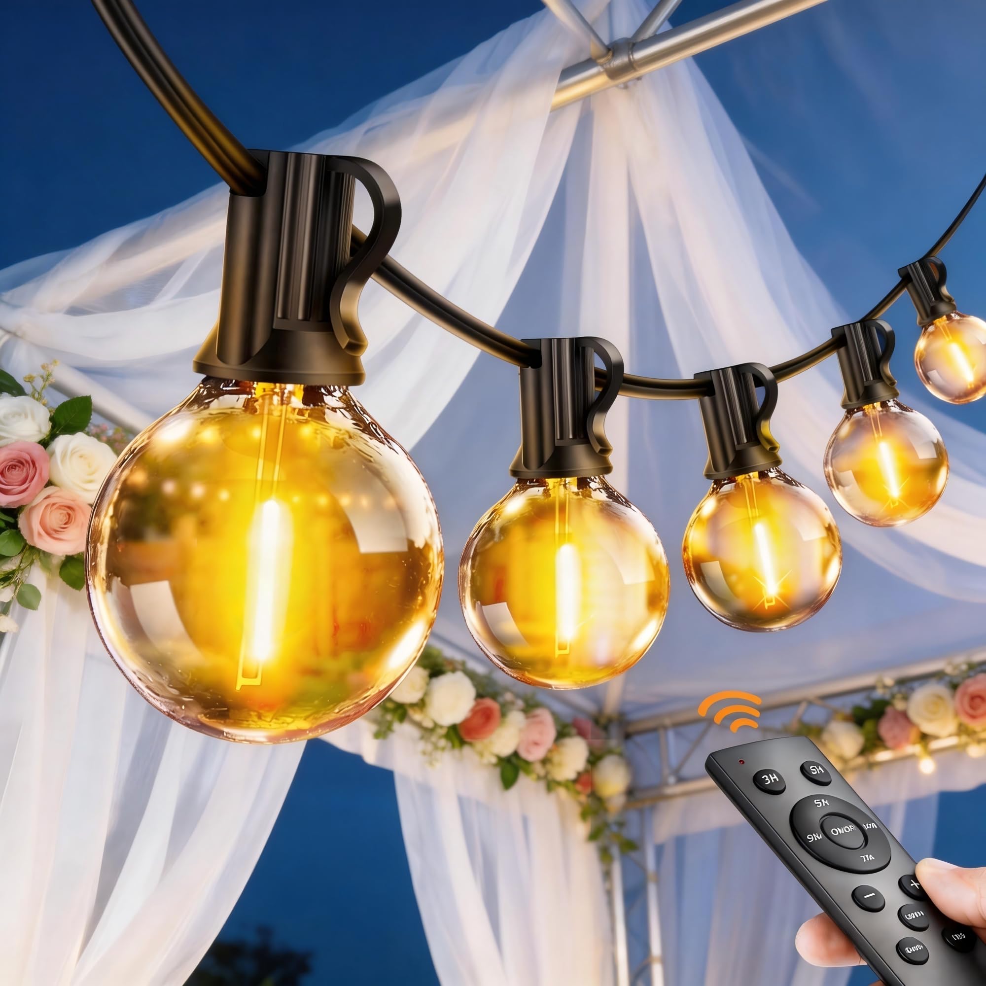 Seklin Festoon Lights Outdoor G40 15M Mains Powered – 15+1 Shatterproof Bulbs, Dimmable with Remote & Timer, Waterproof String Lighting for Garden Patio Balcony Gazebo Wedding Party