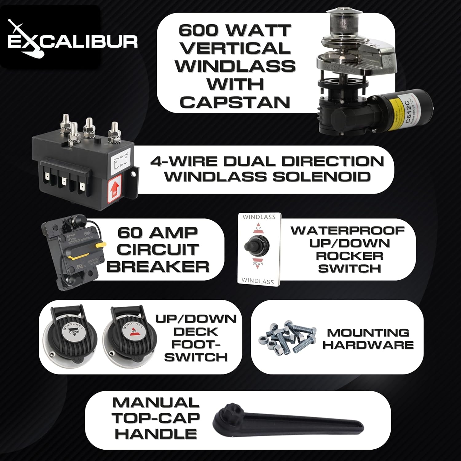 Excalibur Vertical or Horizontal Windlass Anchor Systems - 600W-900W, 12V DC, 992-1452 lbs Pulling Power, 316 Stainless Steel Housing, Chain 1/4 Inch HT G4 and Rope 1/2 Inch, for Boats Up to 40 FT