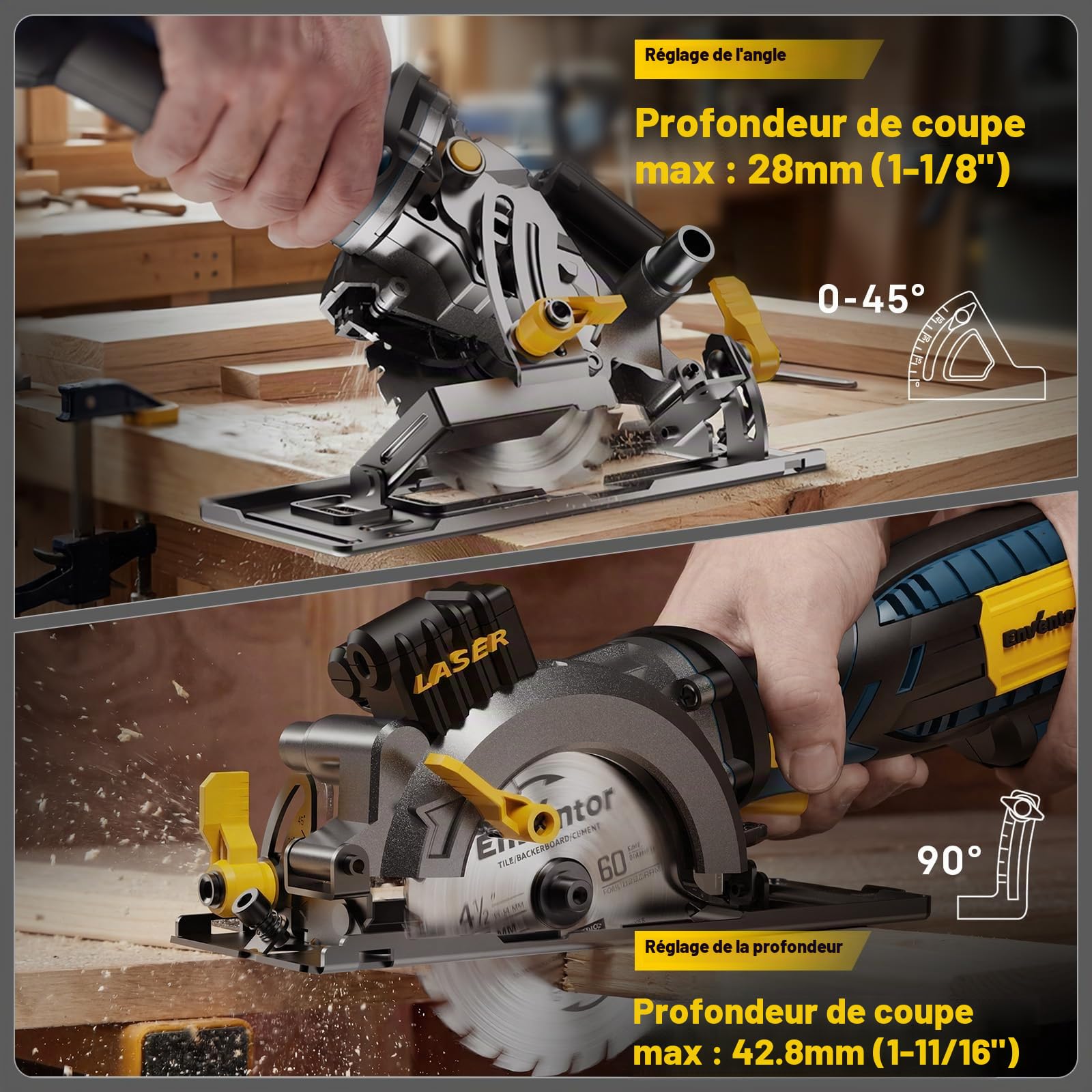 Enventor Mini scie circulaire avec guidage laser, 705W, 6 Lames(115mm)