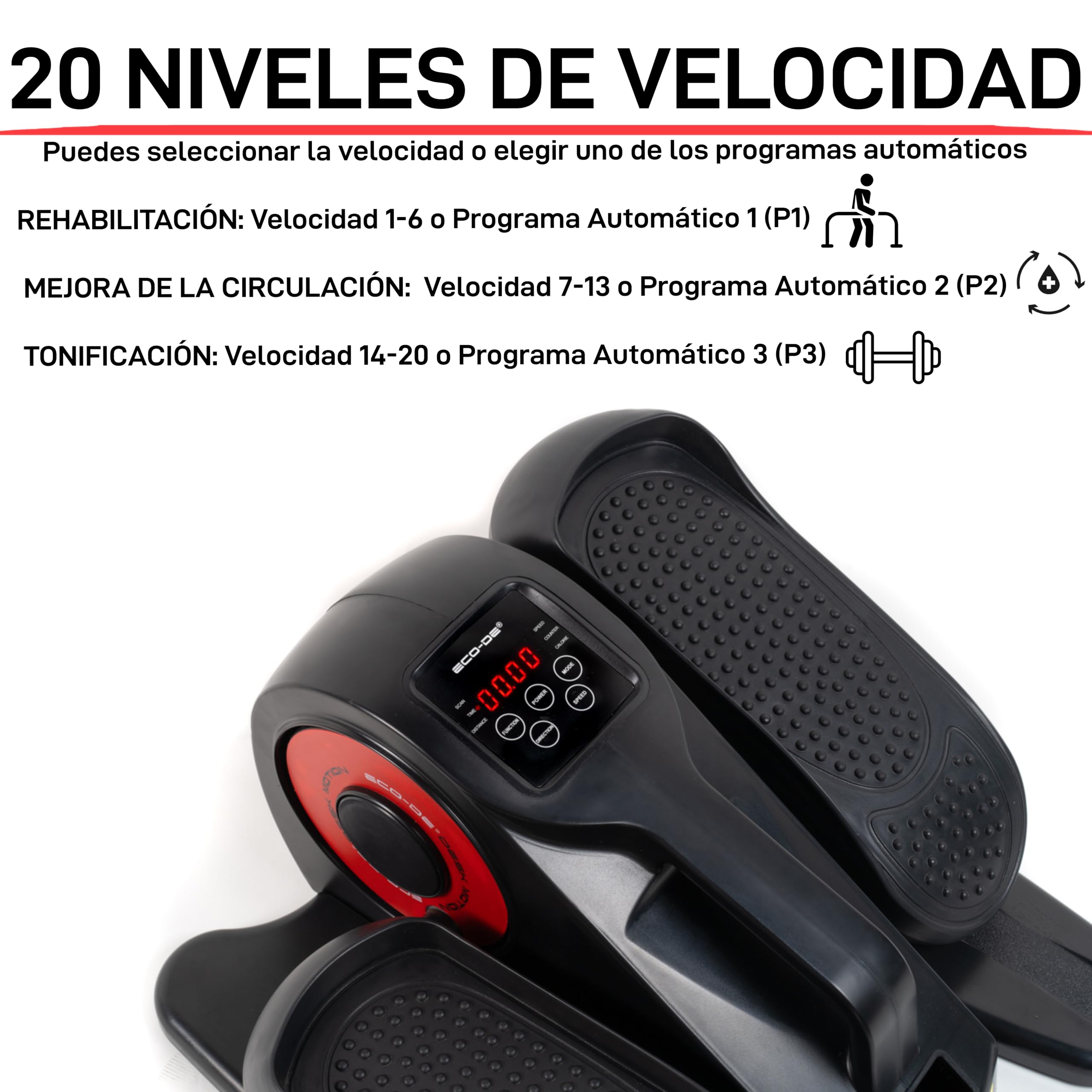 ECODE® Pedales Estáticos para Personas Mayores Silenciosos con Correas y 20-30 Velocidades – Mini Elíptica Eléctrica para Ejercitar Piernas Sentado en Casa