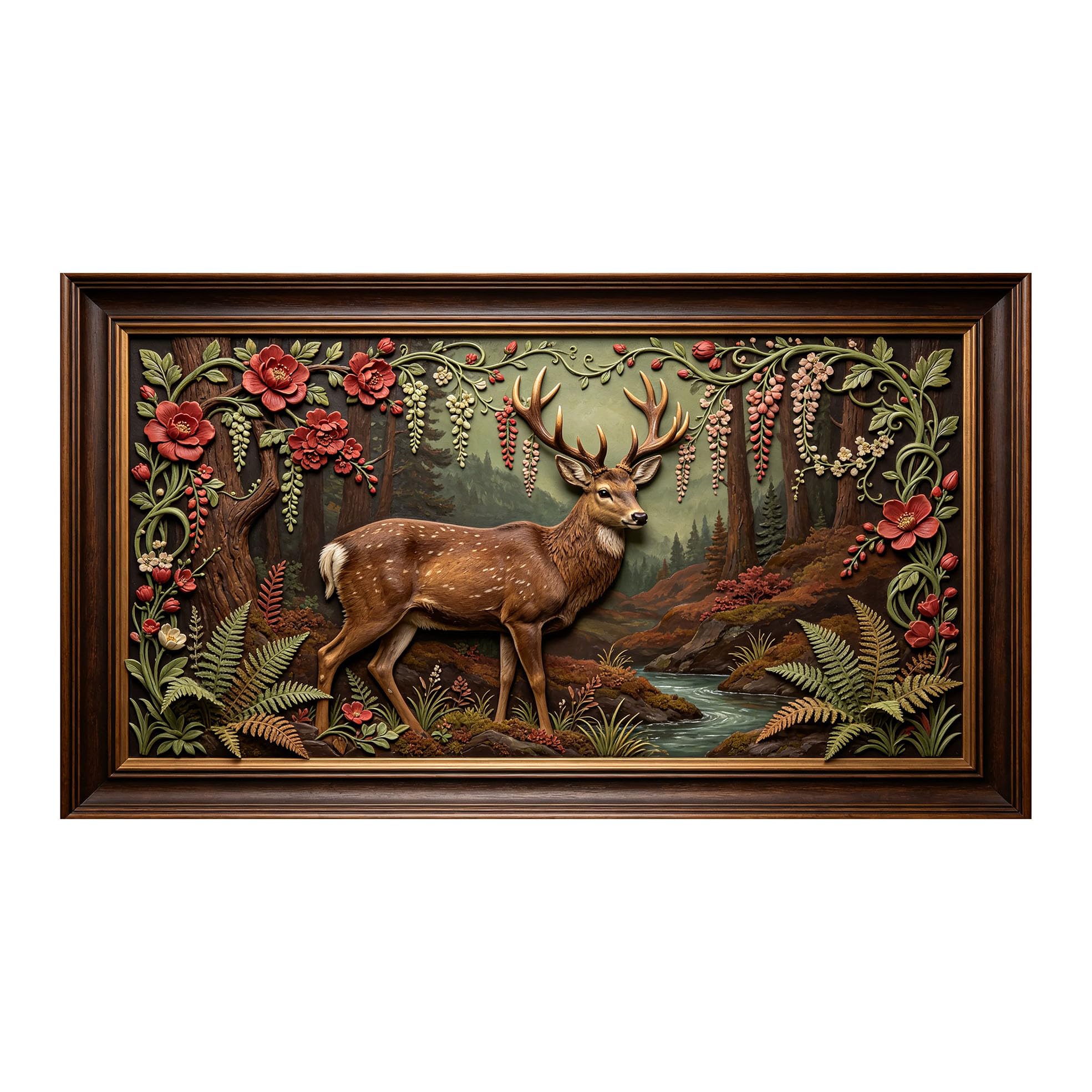 Yzpallescene 3D 3D Framed Wall Art 50cm×90cm Forest Deer Landscape Relief Effect Large Size SelfAdhesive Removable Wall Decor Prints Artwork for Living Room Bedroom Office