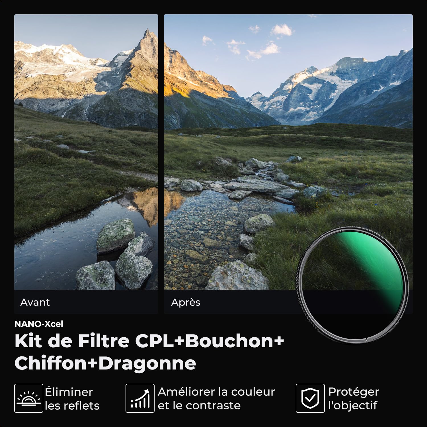 K&F CONCEPT 55mm Filter Polarisant CPL et Bouchonet Chiffon et Courroie