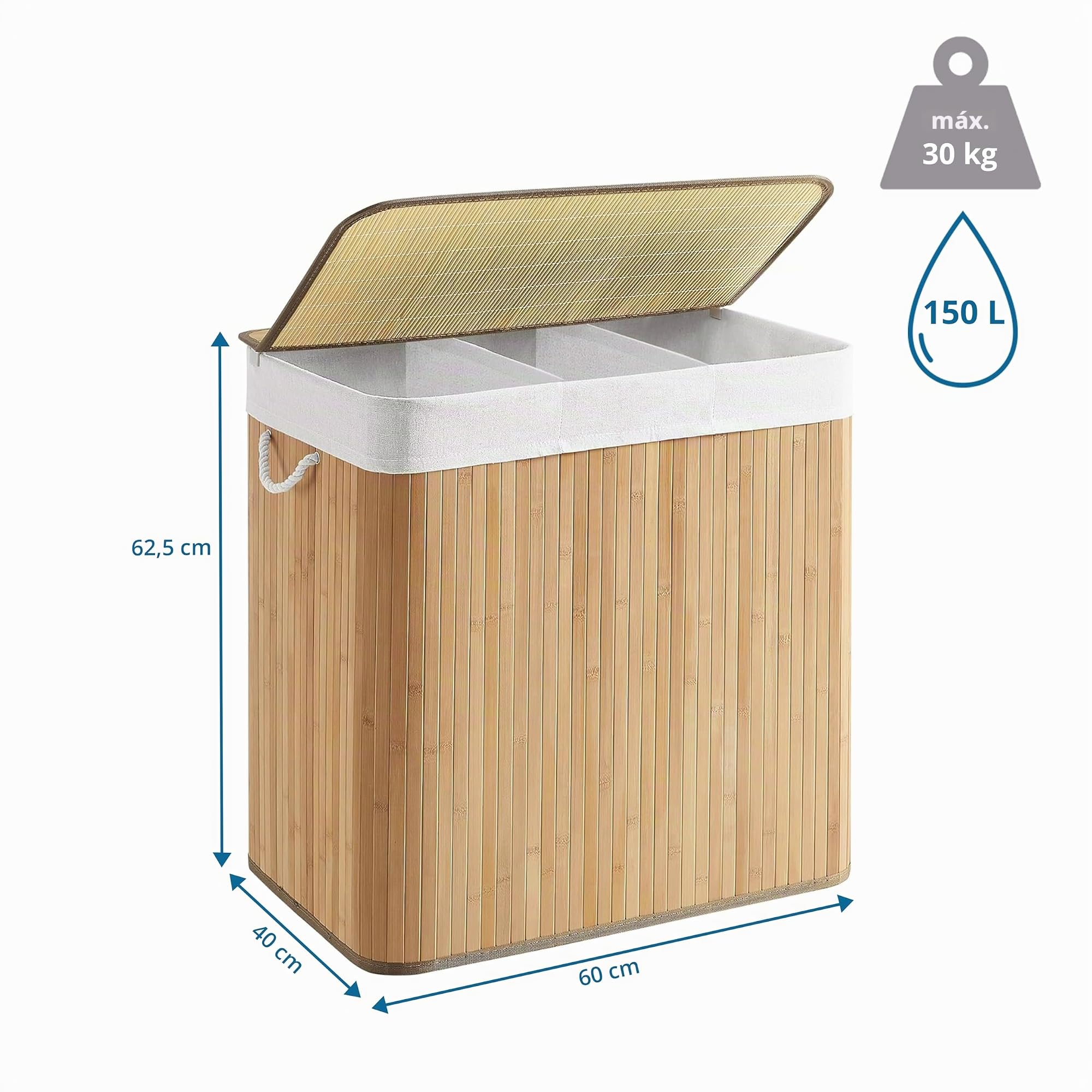 Cesto para la ropa 3 compartimentos FALSTER XXL B, 150 L con tapa, cesto de bambú con asas, práctica función plegable, marrón