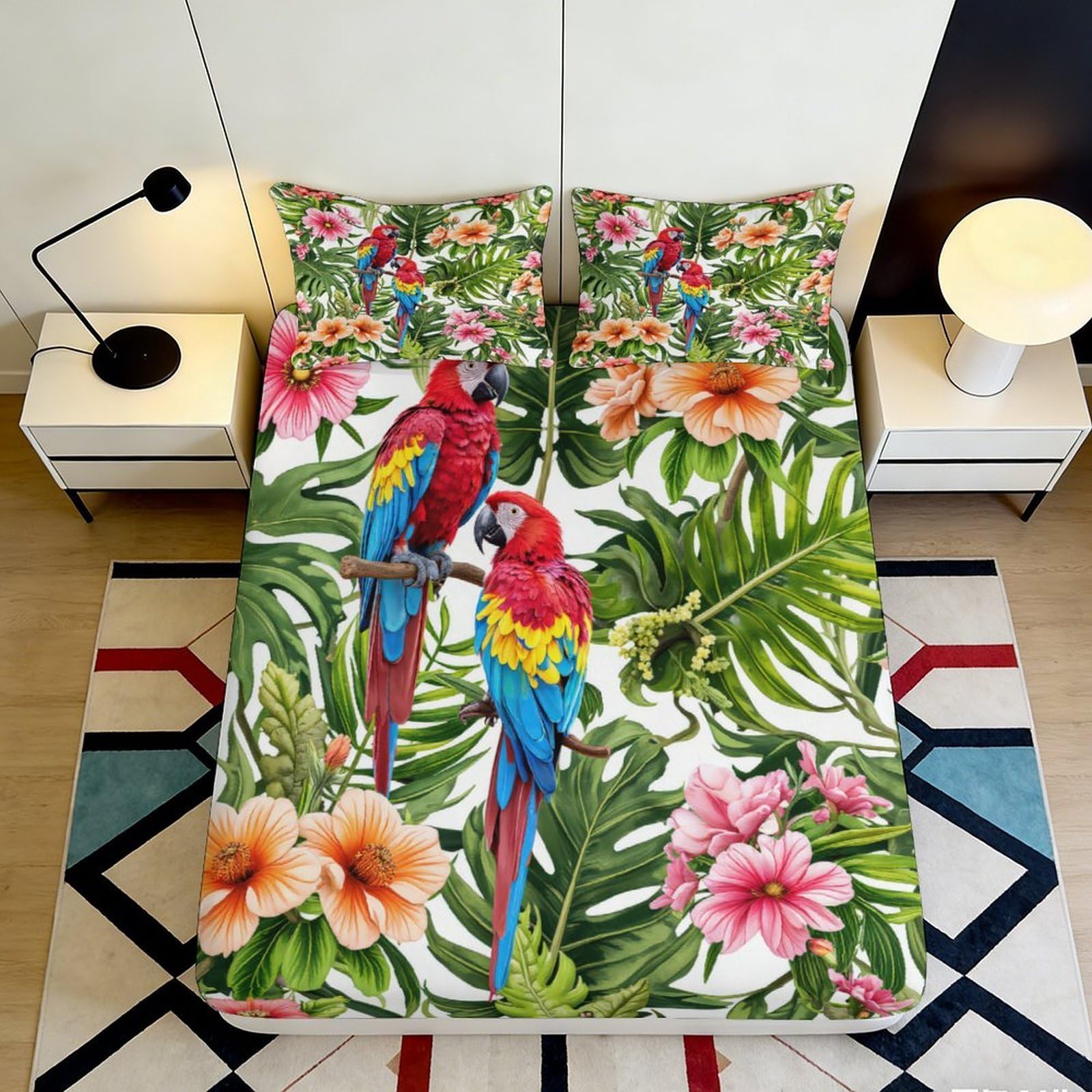 Jqzkxnhpbr Style-3 3D Printed Tropical Parrot Fitted Sheet Microfiber Soft Breathable Hibiscus Bed Cover For Bedroom Guest Room Decor 90X200x25cm