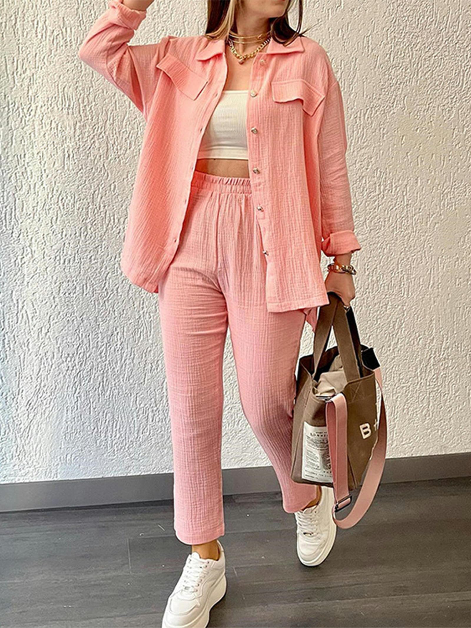 Nouveau Automne Pyjama décontracté Pyjamas Ensemble Femmes Revers Pyjama Cardigan Costume Pantalon Gaze Chemise Service à Domicile-Rose TZ170-S