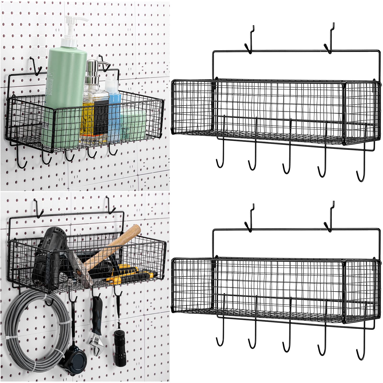 Shimeyao 2 Pcs Pegboard Accessories Set Including 2 Pegboard Baskets Bins with 5 Hooks 4 extra Hooks Black Metal Wire Basket Wall Mount Organizer for