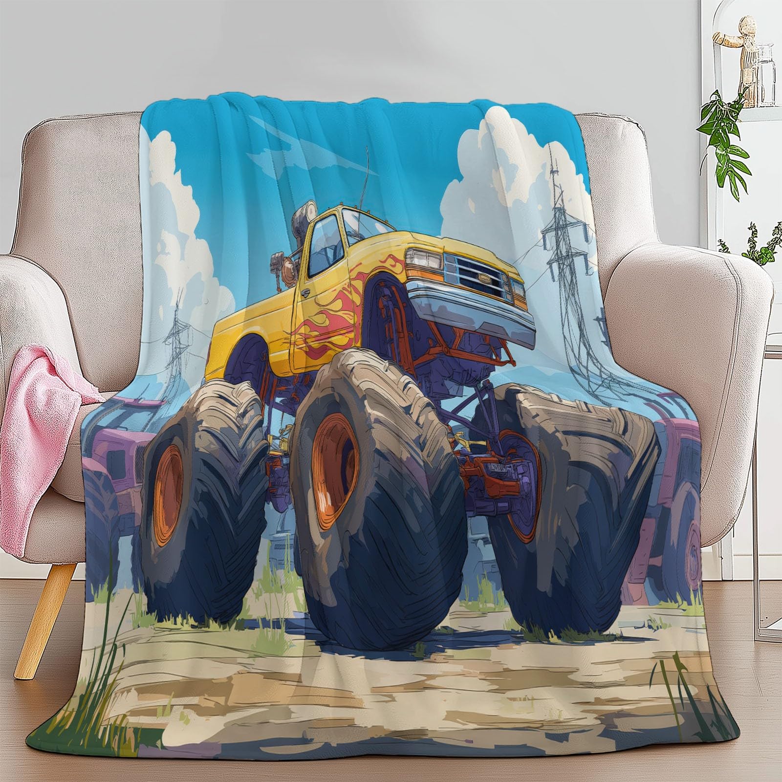 Generico Koc w kratę Polar Ciężarówka Zabawka Kreskówka 220 x 240 cm Miękka i przytulna flanelowa narzuta z polaru z nadrukiem 3D Koc na sofę, na łóżko, sofę, dla dzieci i dorosłych