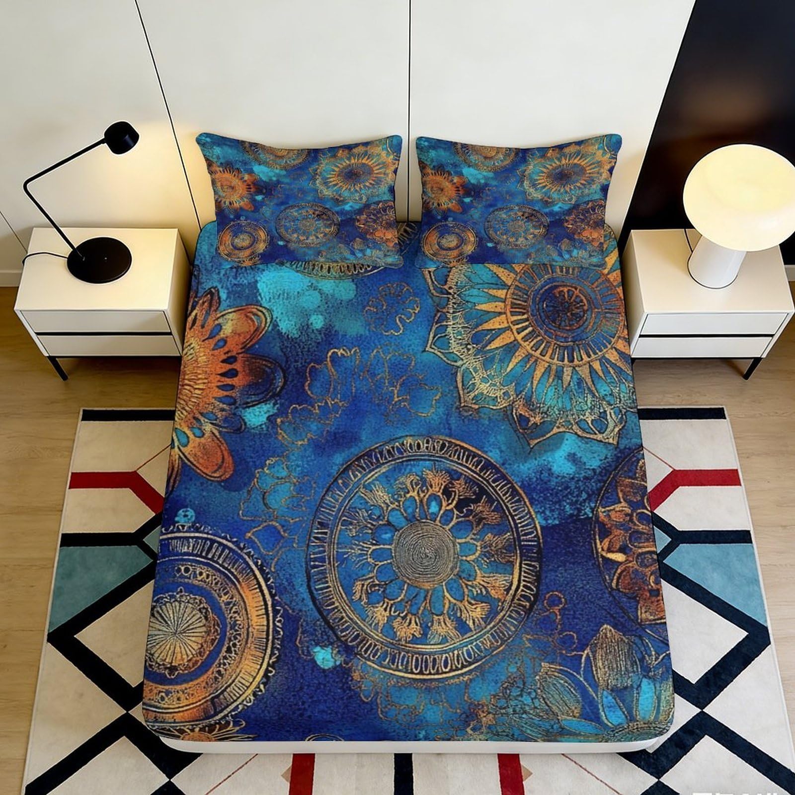 3D Printed Blue Abstract Mandala Fitted Sheet Microfiber Soft Bedroom Decor Steampunk Pattern Mattress Cover 90x200x25cm