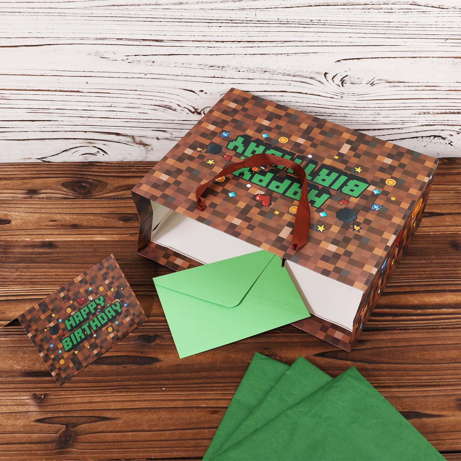 SAVITA Pixel Party Favors Bags, Pixel Theme Goodie Gift Bags Green and Brown Video Game Party Birthday Decorations with Greeting Card & Envelope for Candy Goody Treat Supplies Kids Bday Gifting