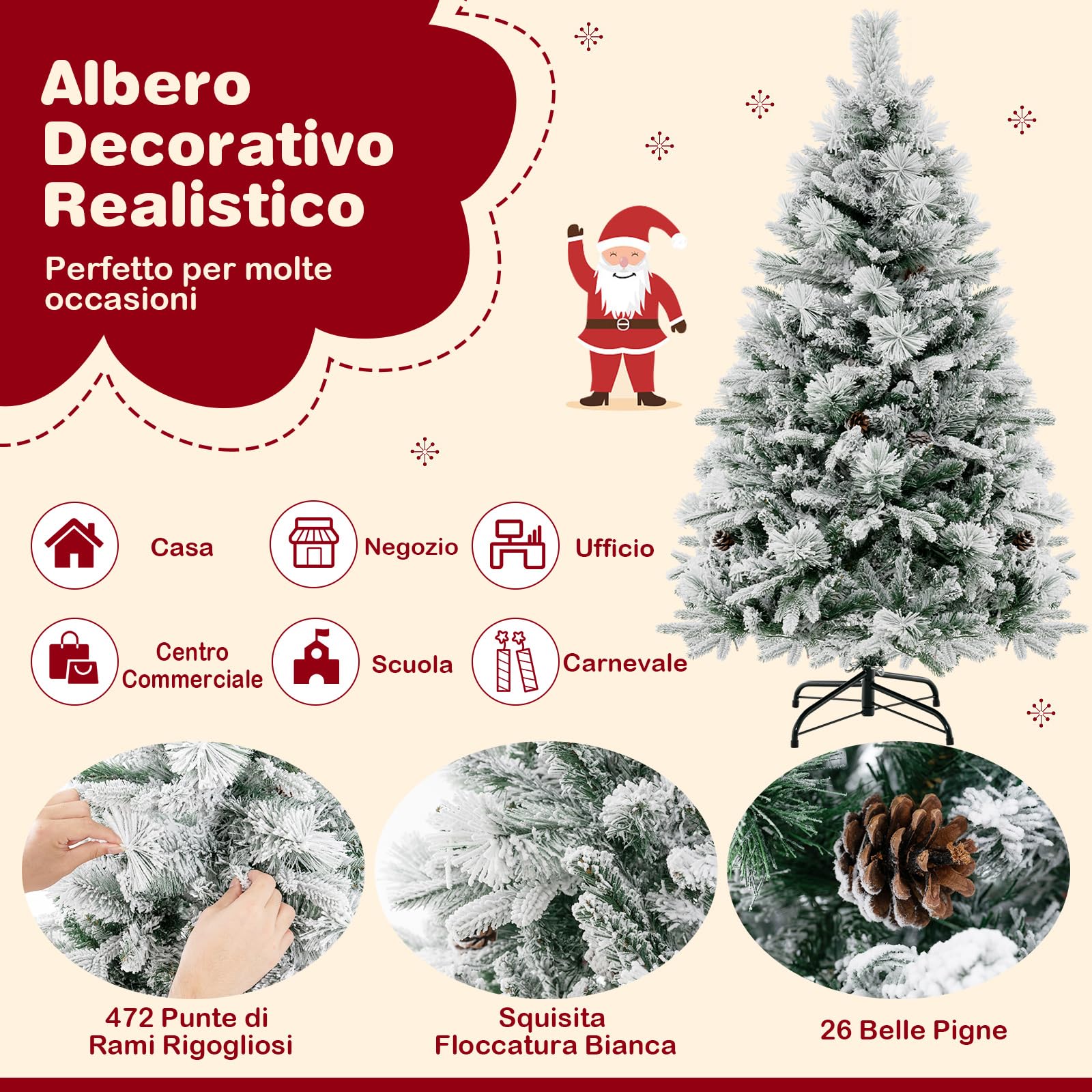 COSTWAY Albero di Natale Innevato 136/180/210 cm, Albero di Natale con 160/240/320 Luci LED, 472/850/1270 Rami di PE e PVC, 26/34/40 Pigne, Aghi di Pino e 8 Modalità di Illuminazione (136 CM)