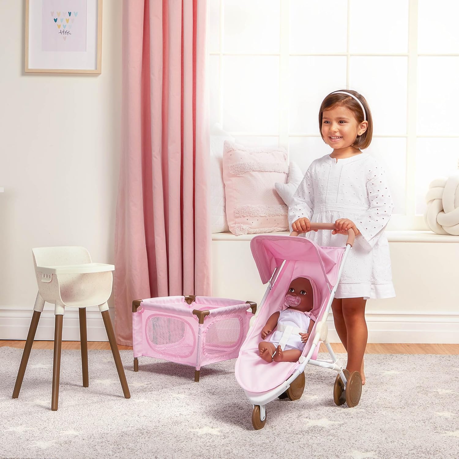 LullaBaby – 14-Inch Realistic Baby Doll Accessory Bundle – Nursery Care Set – High Chair, Playpen & Jogger Stroller – Pretend Play Toys – Kids 2+ Years– Baby Doll Nursery Playset