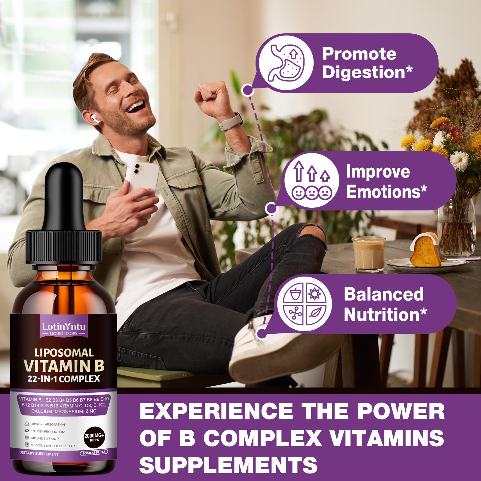 2 Pack 22-in-1 Vitamin B Complex 2000MG Sublingual Liquid Drops, B1,B2,B3,B5,B6,B7,B8, B9,B10,B12 Methylcobalamin, B14, B15, B16, Vitamin C, D3,K2, Maximize Absorption, Immune & Energy Metabolism — Amazon image 5
