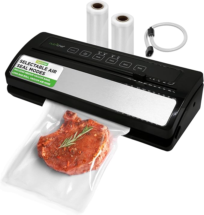 NutriChef Food Vacuum Sealer Machine - Automatic Air Sealing System for Dry & Moist Foods, LED Touch Controls, Includes Vacuum Bags, Hose & Wine Stopper, High Suction Power, 14"x6"x3", Silver