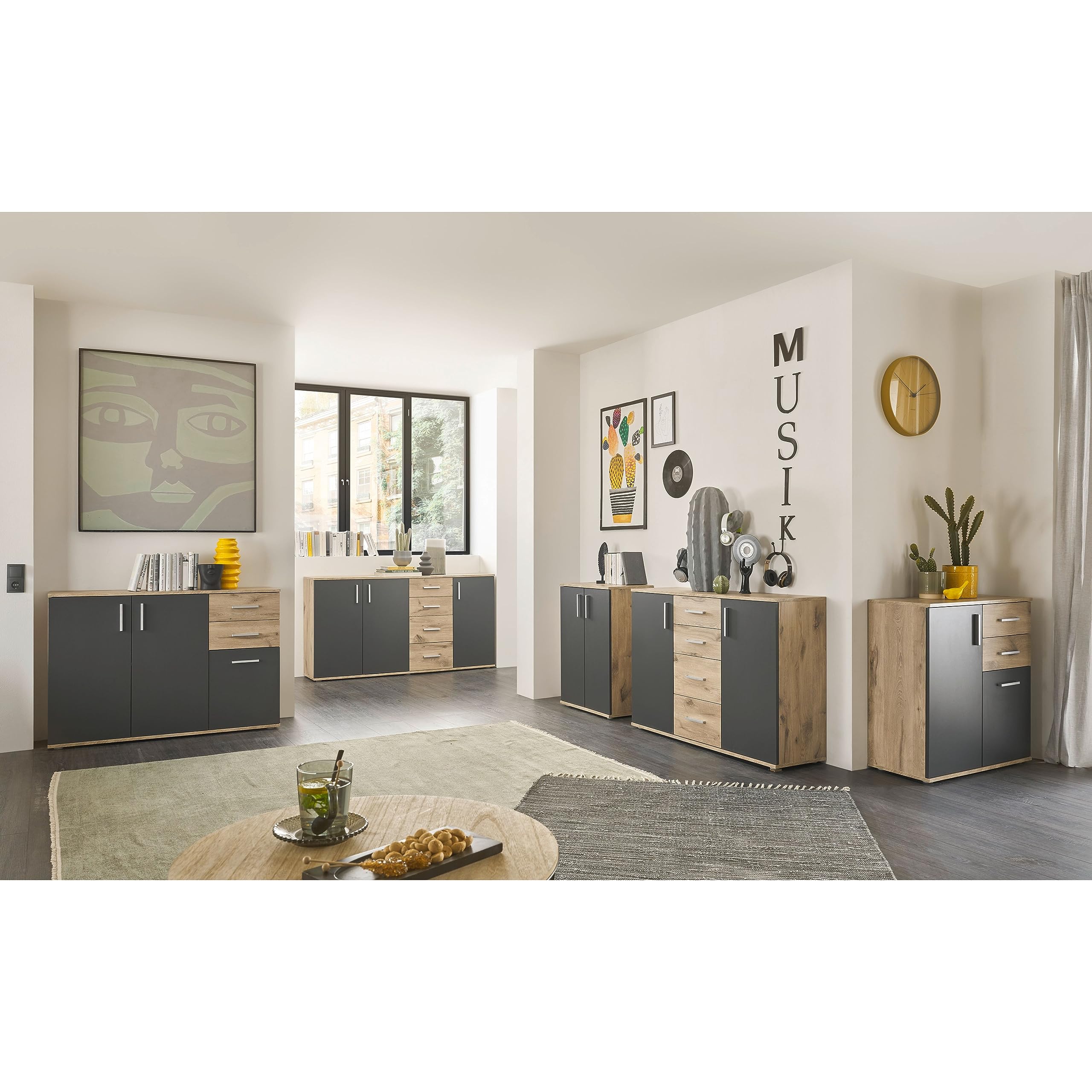 BC 1040 Sideboard Kommode mit Schubladen Stauraum in Grau Viking Oak Optik