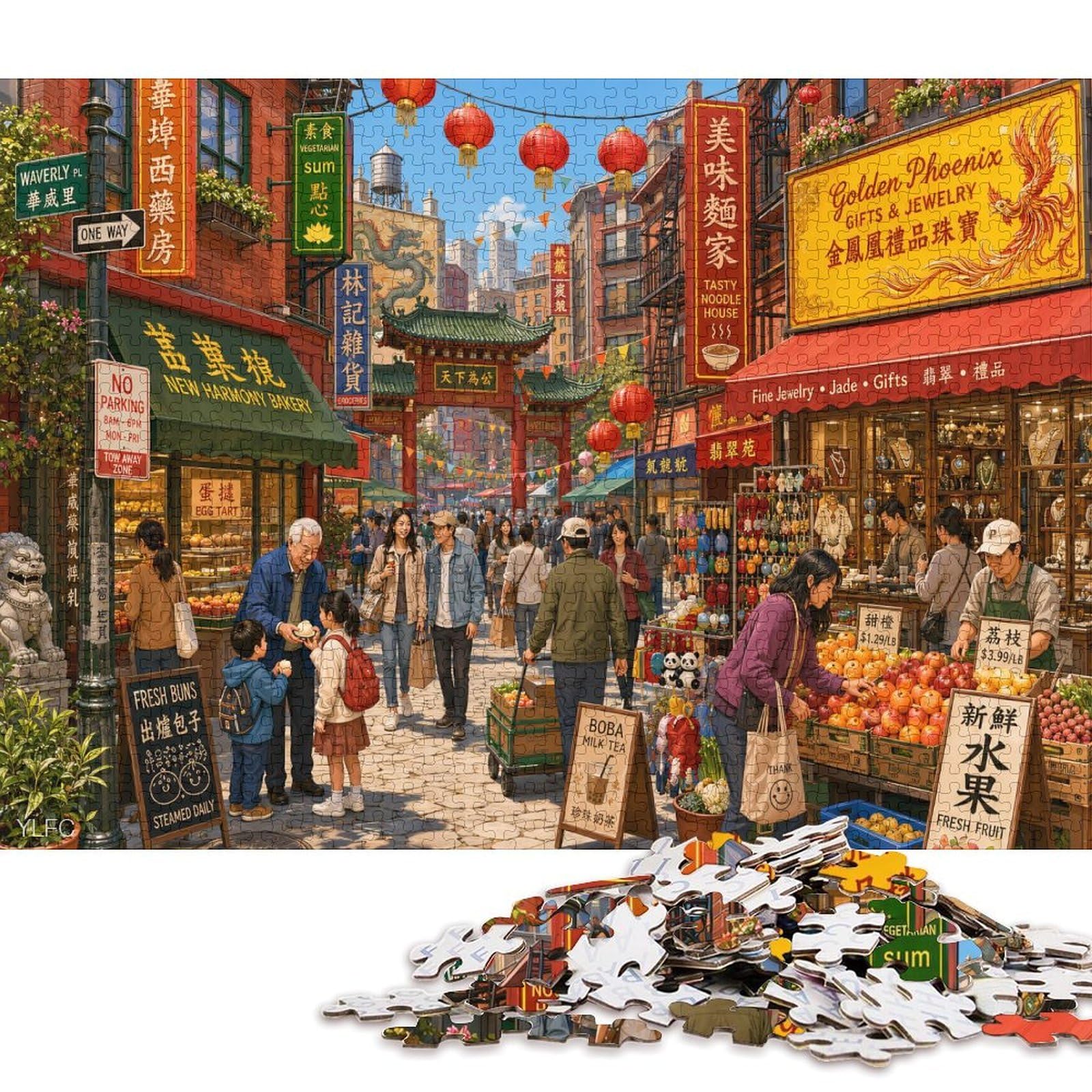 Vintage Chinatown Street 1000 Piece Wooden Jigsaw Puzzle,Wood,Whimsical Challenge,Adults & Kids 14+,Home Wall Decor,Gift Idea,Educational Toy,Stress Relief (75x50cm)