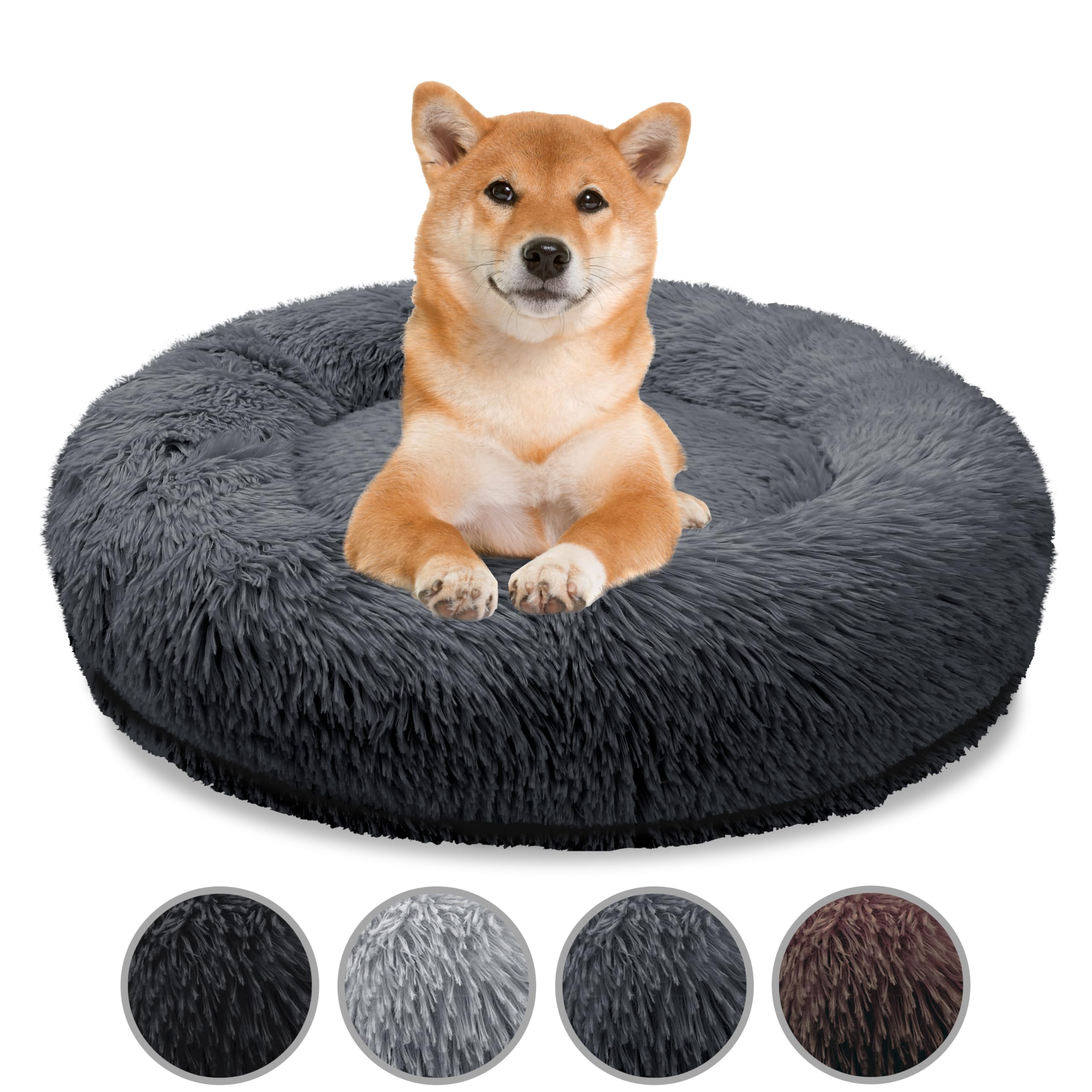 bluzelle Orthopädisches Hundebett für Mittelgroße Hunde, 80cm Donut Kissen Waschbar Memory Foam Rund, Hundekorb Hundekissen Flauschig Plüsch Kunstfell Weich, Farbe:Dunkel-Grau