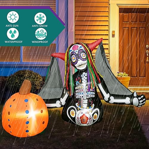 Miniatura 5 de Inflables de Halloween de 6 pies, esqueleto zombi de calabaza, fantasma de mujer aterradora del día de los muertos, luces LED, a prueba de clima,