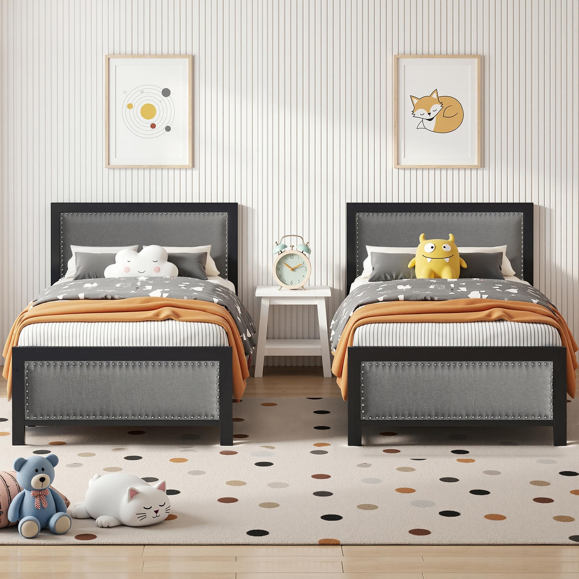 VECELO Single Size Bed Frame Set of 2 with Linen Fabric Headboard and Footboard, Heavy-Duty Platform with Strong Steel Slats, No Box Spring Needed, Easy Assembly, Grey