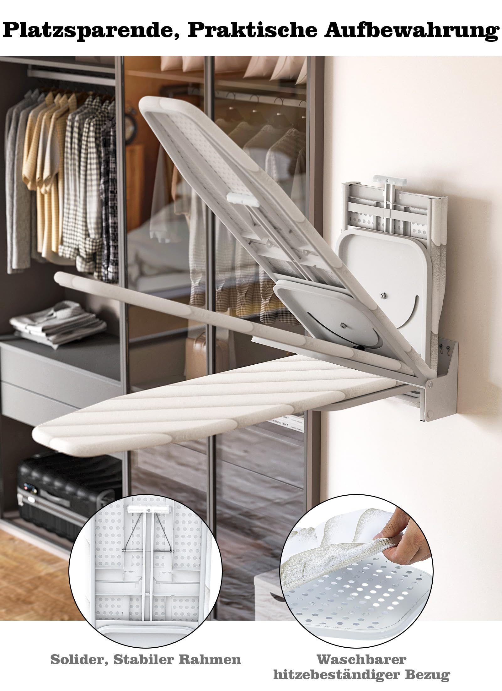 uyoyous Klappbares Bügelbrett 95 cm x 33 cm mit Hitzebeständigem Bezug, Platzsparender, um 180° Schwenkbarer, Strapazierfähiger Wandhalter für den Hauswirtschaftsraum Weiß