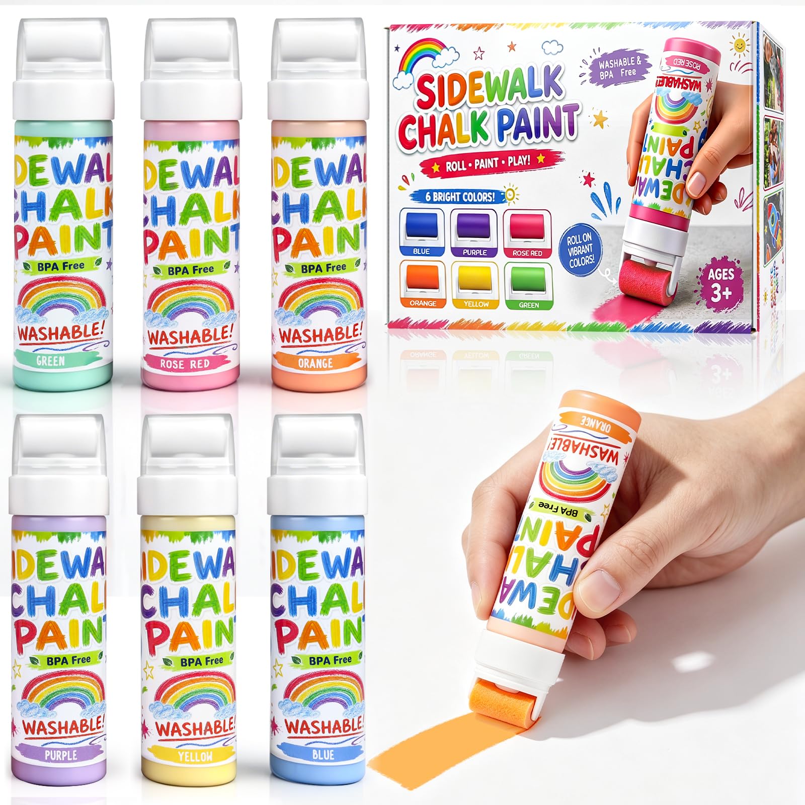 6 Pcs Roller Sidewalk Chalk Paint Set, Washable Powdered Chalk Mix in Water with Foam Rollers, Outdoor Art Graffiti Toy Kit for Kids Driveway, Playground and Sidewalk Paint (6 Colors)