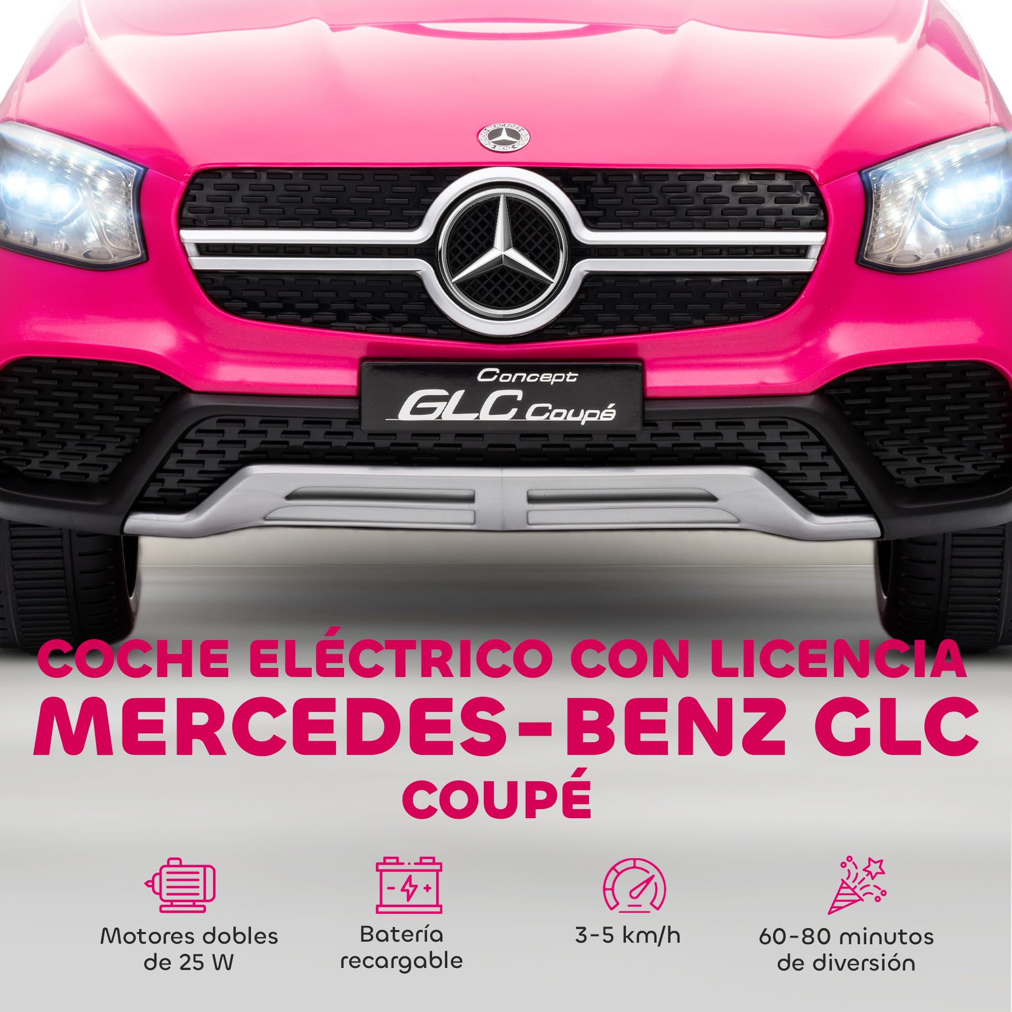 AIYAPLAY Mercedes-Benz GLC Coche Eléctrico 12V 2,4 GHz Mando a Distancia Motor Doble 3-5 km/h 80 Min MP3 Faros LED 3-6 Años Rosa