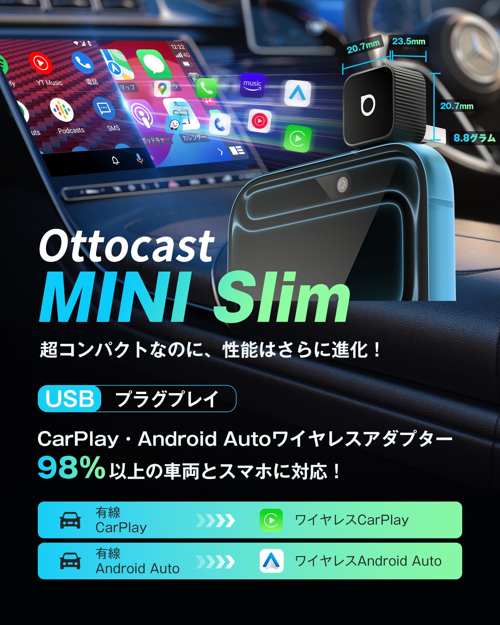 【公式】オットキャスト ミニ Slim 新CarPlay＆AndroidAuto Amazon.co.jp: 【公式】オットキャスト OTTOCAST MINI Slim 新型