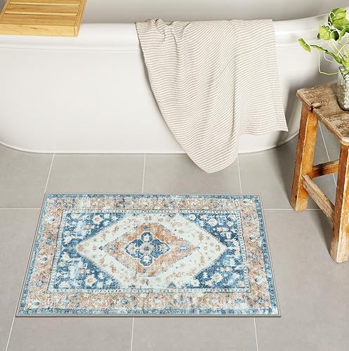Uphome Tapete de baño azul bohemio envejecido, oriental, suave, lanudo y antideslizante, lavable a máquina, vintage, tribal, pequeño, para baño, disponible en Yaxa Costa Rica