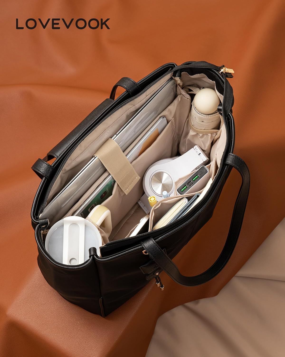 LOVEVOOK Laptop Tote Bag for Women,Nylon Work Totes with 15.6 Inch Laptop Compartments, Lightweight Computer Purse with Large Cup Holder,Travel Tote with Luggage Straps - Image 4
