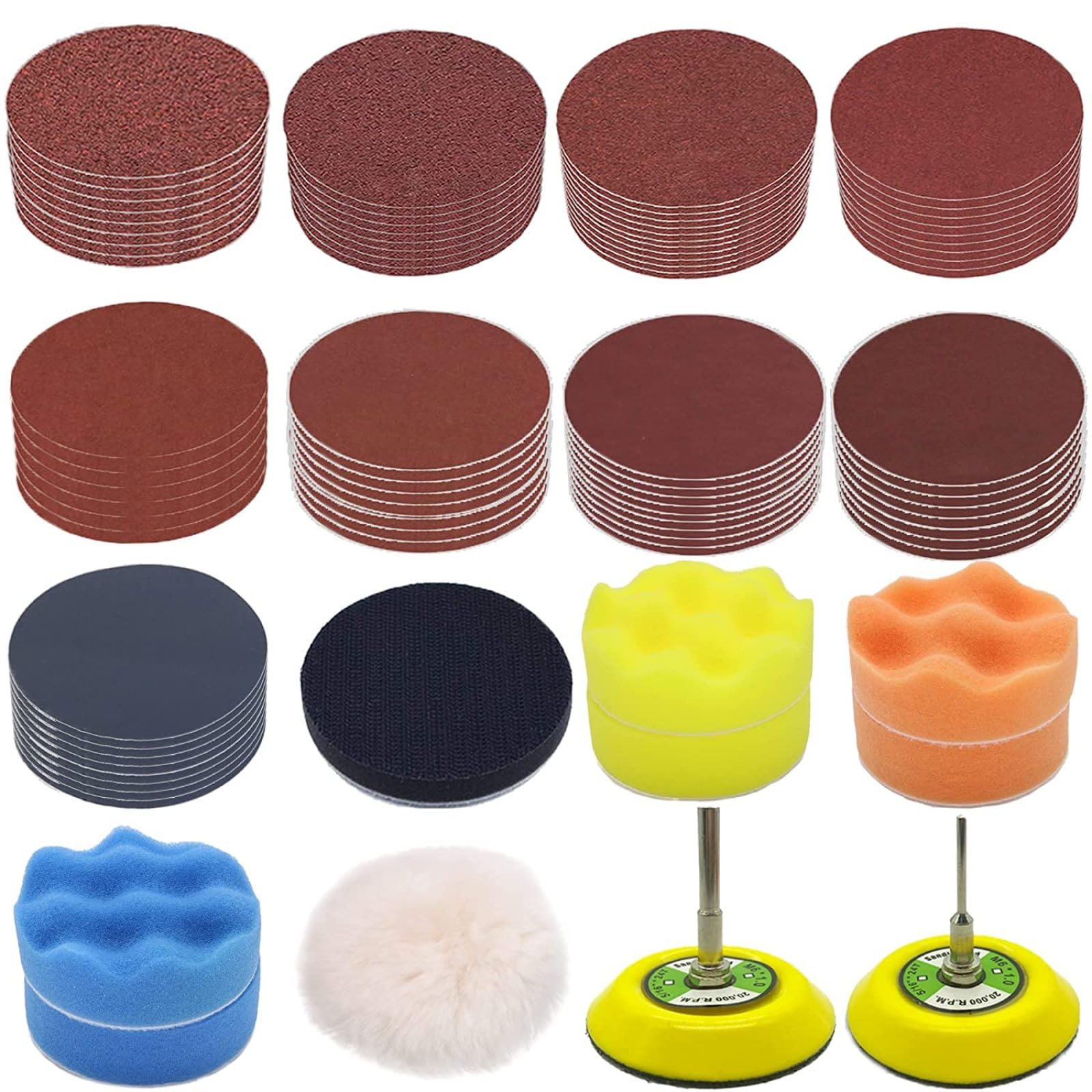 Kit De Papel De Lija De 102 Uds., Disco De Lija De 3 Pulgadas, Grano 60-3000, Almohadillas De Pulido De Papel De Lija En Seco Y Húmedo, Esponja Con Vástago De Placa De Respaldo De 1/8 "y 1/4"