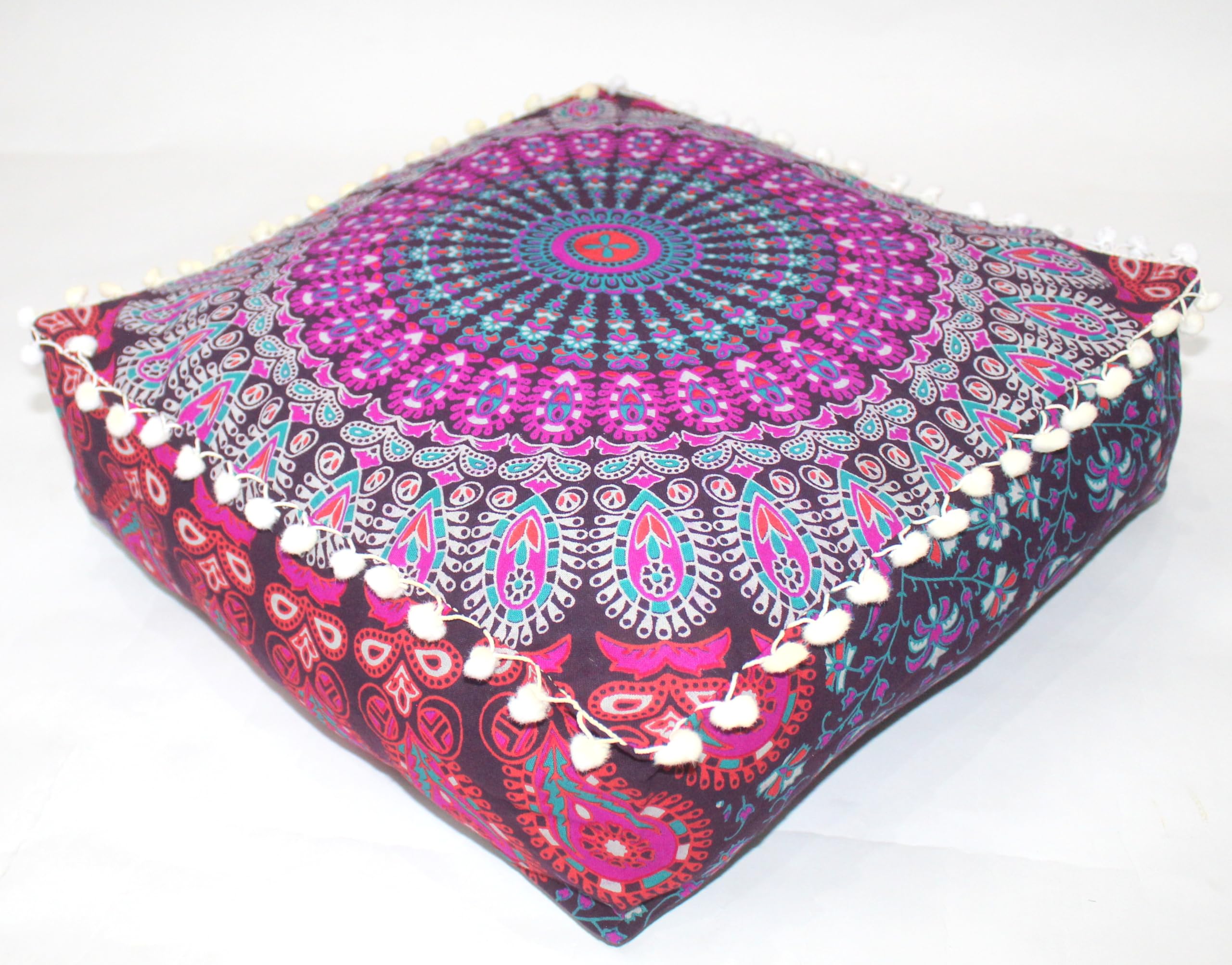 CRAFT KALA Pink Peacock Large Hippie Mandala Meditation Floor Ottoman Pillow Cushion Pouf Cover Square Poufs Bohemian Circle Floor Cushion Case Outdoor Fireplace Living Room Decor Cover 24" Square