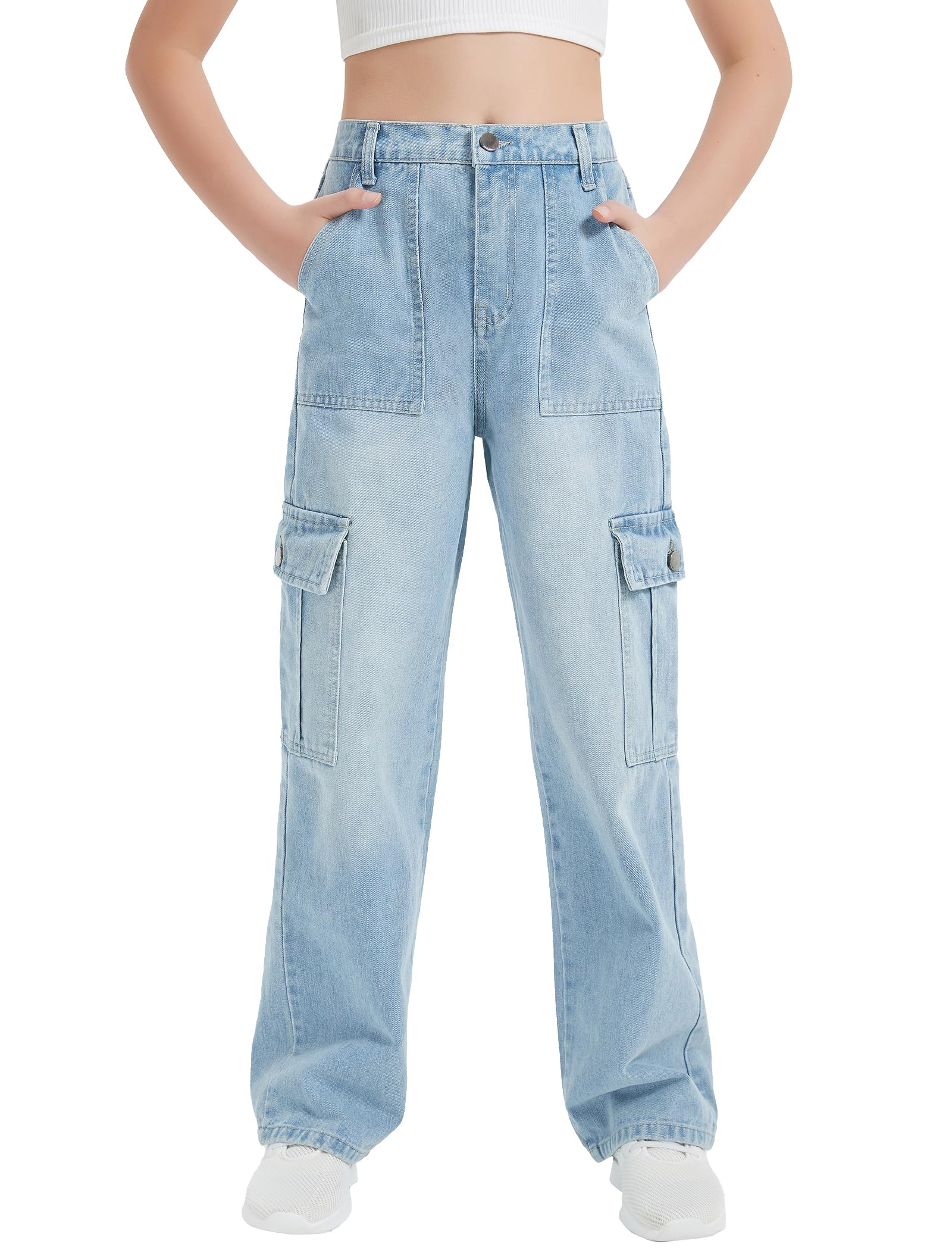 EXARUS Girls Jeans Cargo Wide Leg Baggy Denim Straight Loose Pants Tween Elastic High Waistband Pockets Youth Clothes