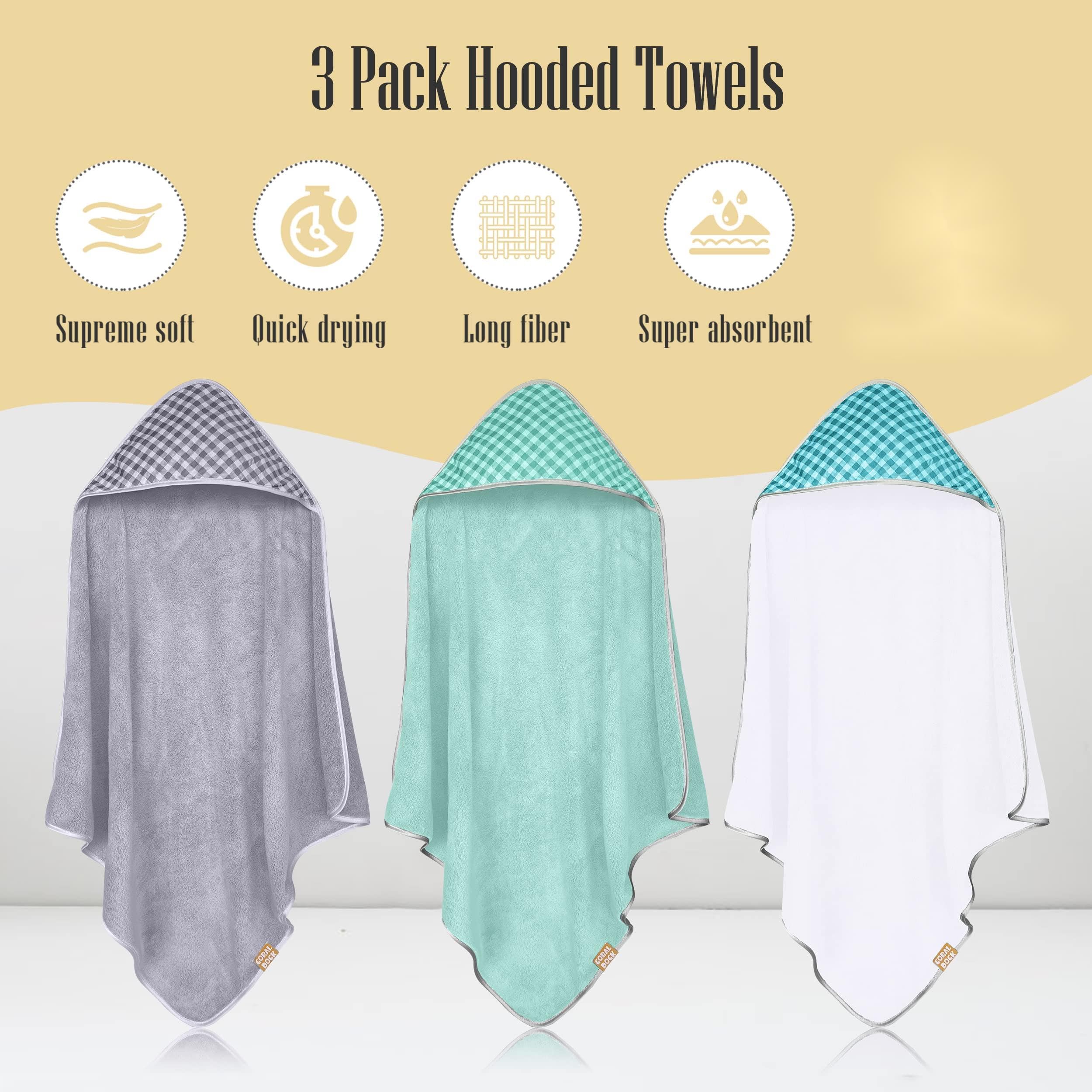 CORAL DOCK Juego de 3 Toallas de baño con Capucha para bebé, Ultra absorbentes, artículo Esencial para recién Nacido, niño, niña, Toalla de baño para bebé, Regalo para bebés y niños pequeños, Cuadros