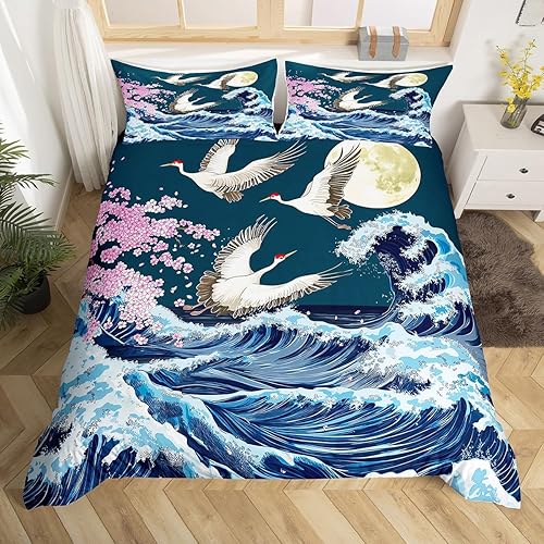 Juego de funda de edredón de estilo japonés, tamaño King, diseño de grulla de cerezo con estampado de grulla para niños, niñas y mujeres, decoración