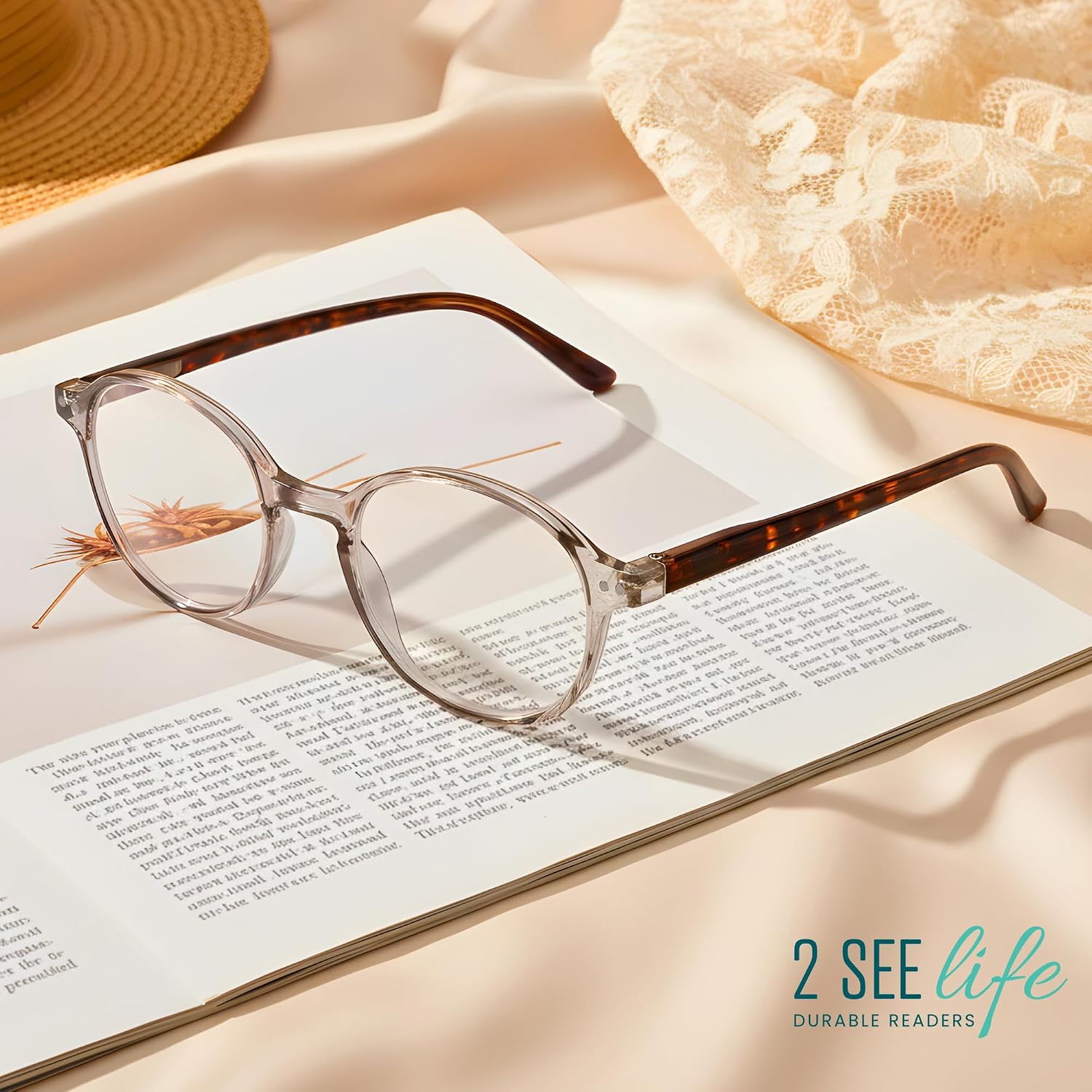 2SeeLife Small Round Reading Glasses for Men & Women – Narrow-Medium Fit, Sturdy Frame, Spring Hinges, Premium Retro Readers, Clear Tortoise, +2.25