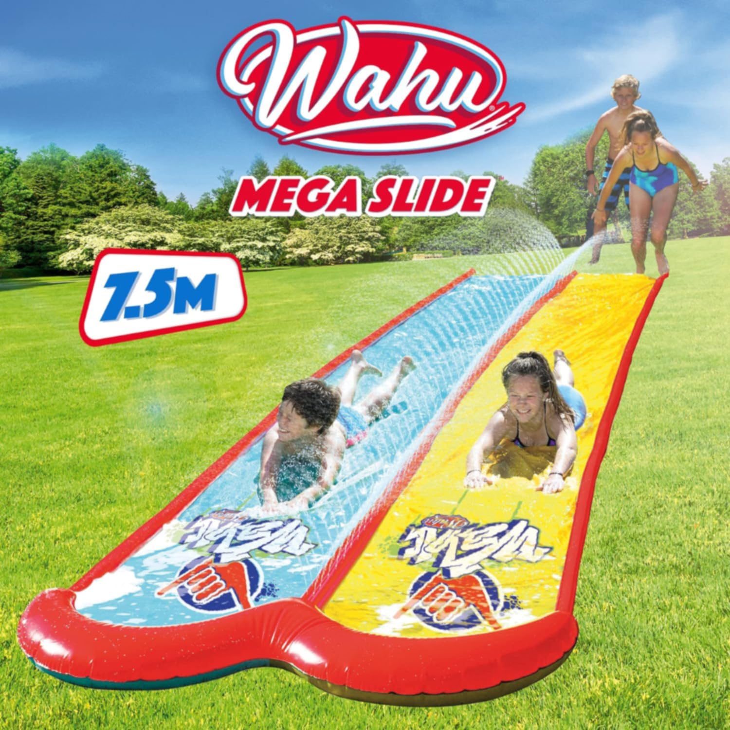 WAHU Doble Pista Deslizante, Juego para aire libre niños y niñas, Diversión refrescante para todo el verano, 750 cm de largo, Multicolor