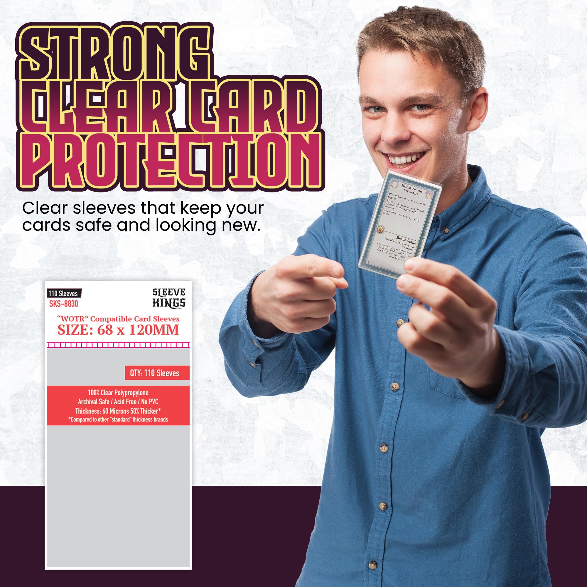 Amazon.com: Sleeve Kings War of The Rings-Compatible Card Sleeves 68x120mm  – 110 Count, 60 Micron Clear Card Protector Sleeves, Acid-Free, Extra Clear 
