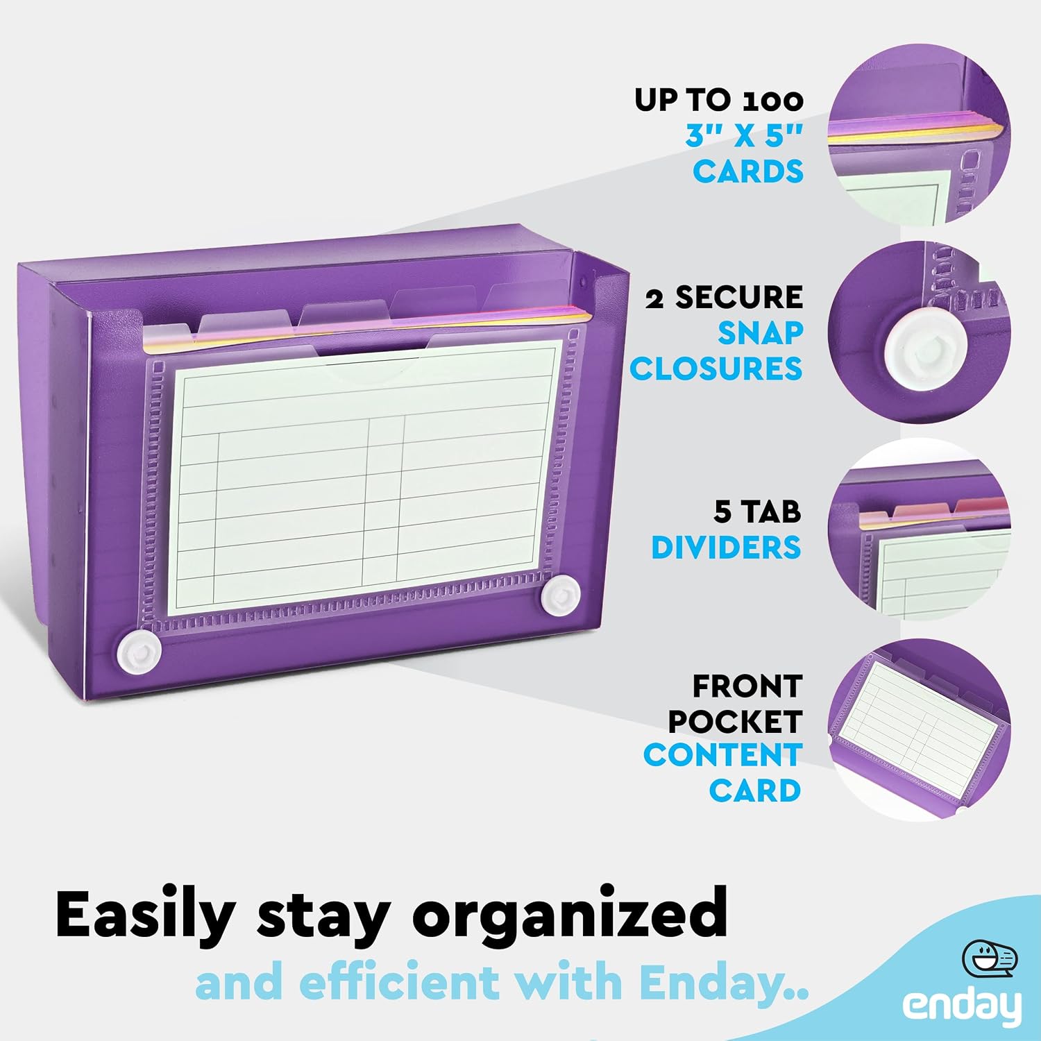 Enday Index Card Holder Purple, 3x5 Note Flash Card Organizer Case, File Box with 5 Dividers, Notecard Box Holds 100 Cards, Also Available in Red, Blue, Green, Pink, Grey, 1 Pack
