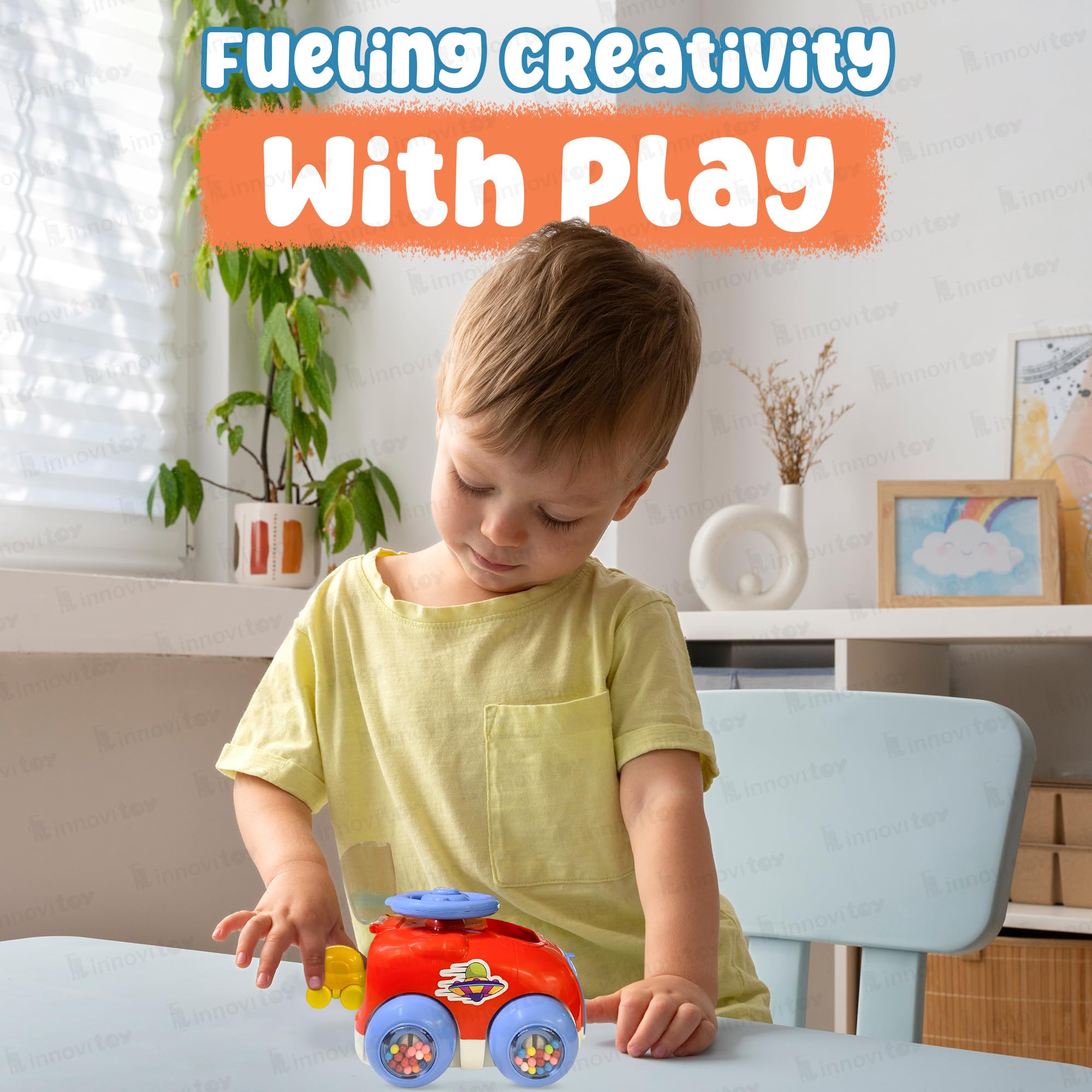 innovitoy Catapult Car Toys for Kids 2 Years | Push Friction Baby Car with Rattle Sound Wheels & Press Button Steering Wheel to Launch Two Mini Kids Cars | BPA-Free | Baby Gift Set-Made in India(Red) 4