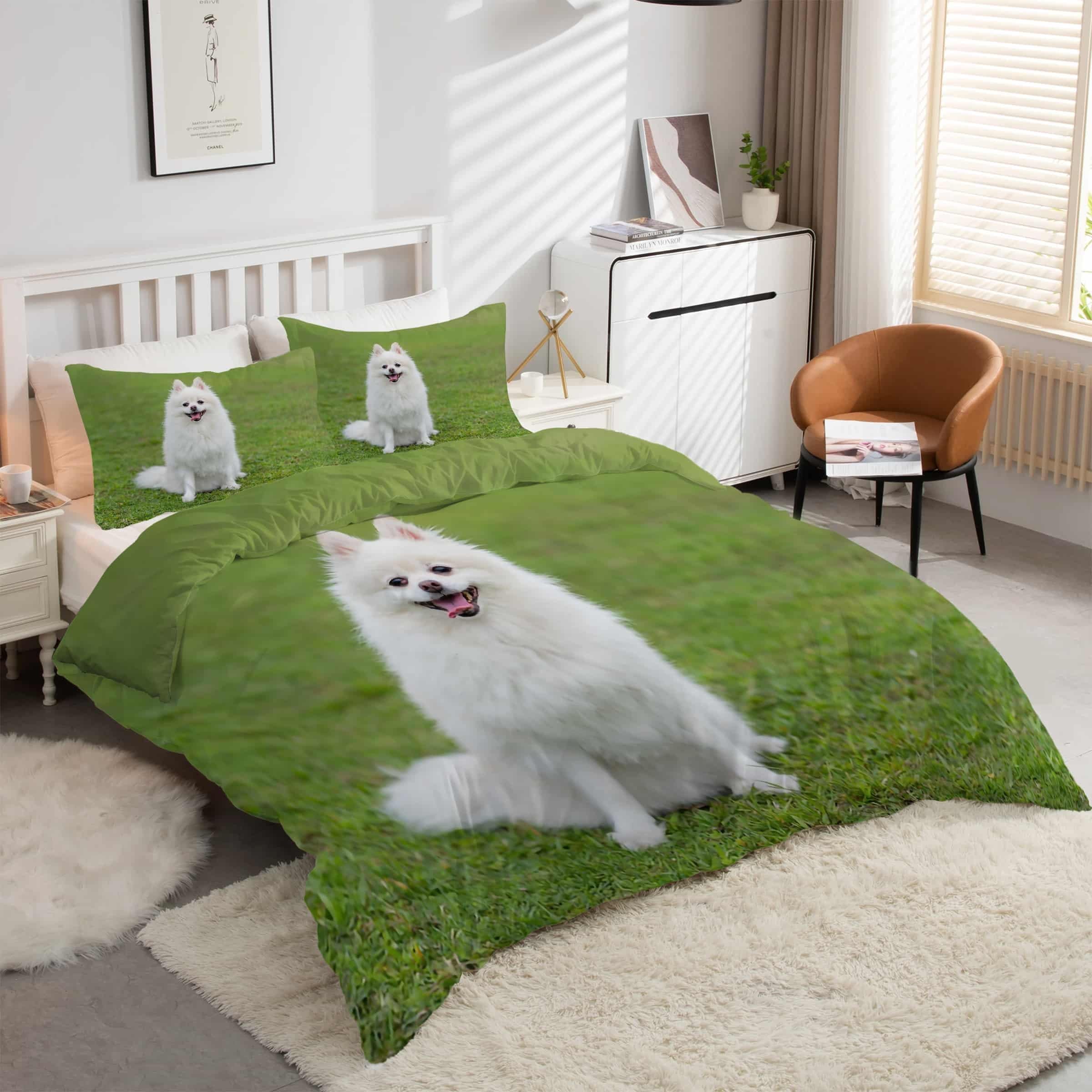 Housse de couette 240 x 260 chien poméranien blanc en microfibre douce
