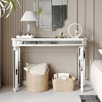 Mirror Console Table with Wood Carving, 48 inch Entryway Table with Vintage Wood Grain, Sofa Table for Living Room Hallway, Silver