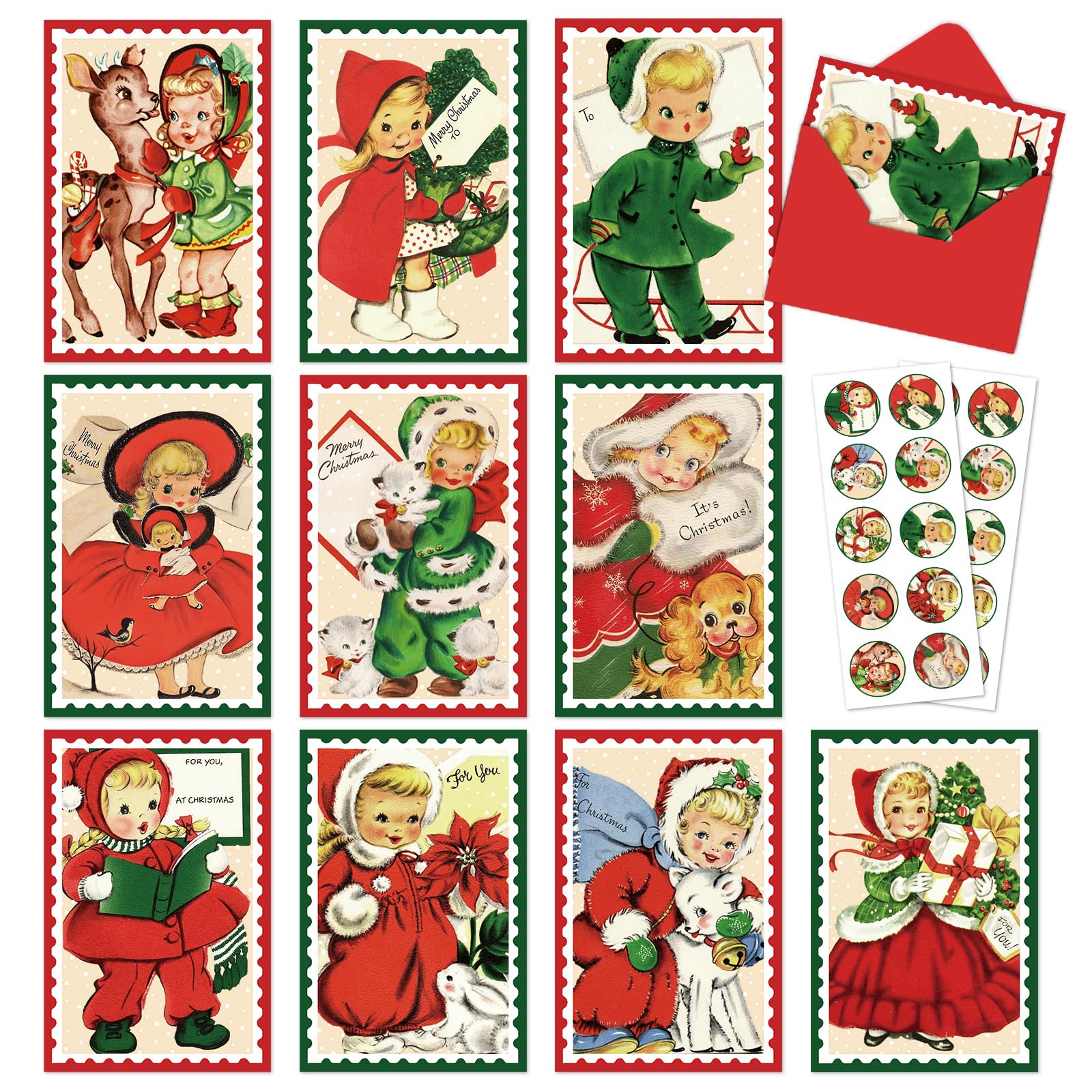AnyDesign 30 Pack Christmas Cards Retro Xmas Greeting Cards with Stickers Envelopes Vintage Blank Note Cards for Christmas Baby Shower Birthday Party